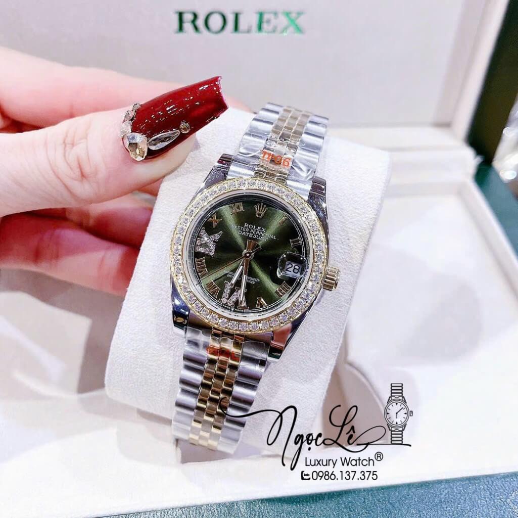 Đồng Hồ Rolex Datejust Nữ Máy Pin Màu Demi Rose Mặt Xanh Viền Đá 32mm