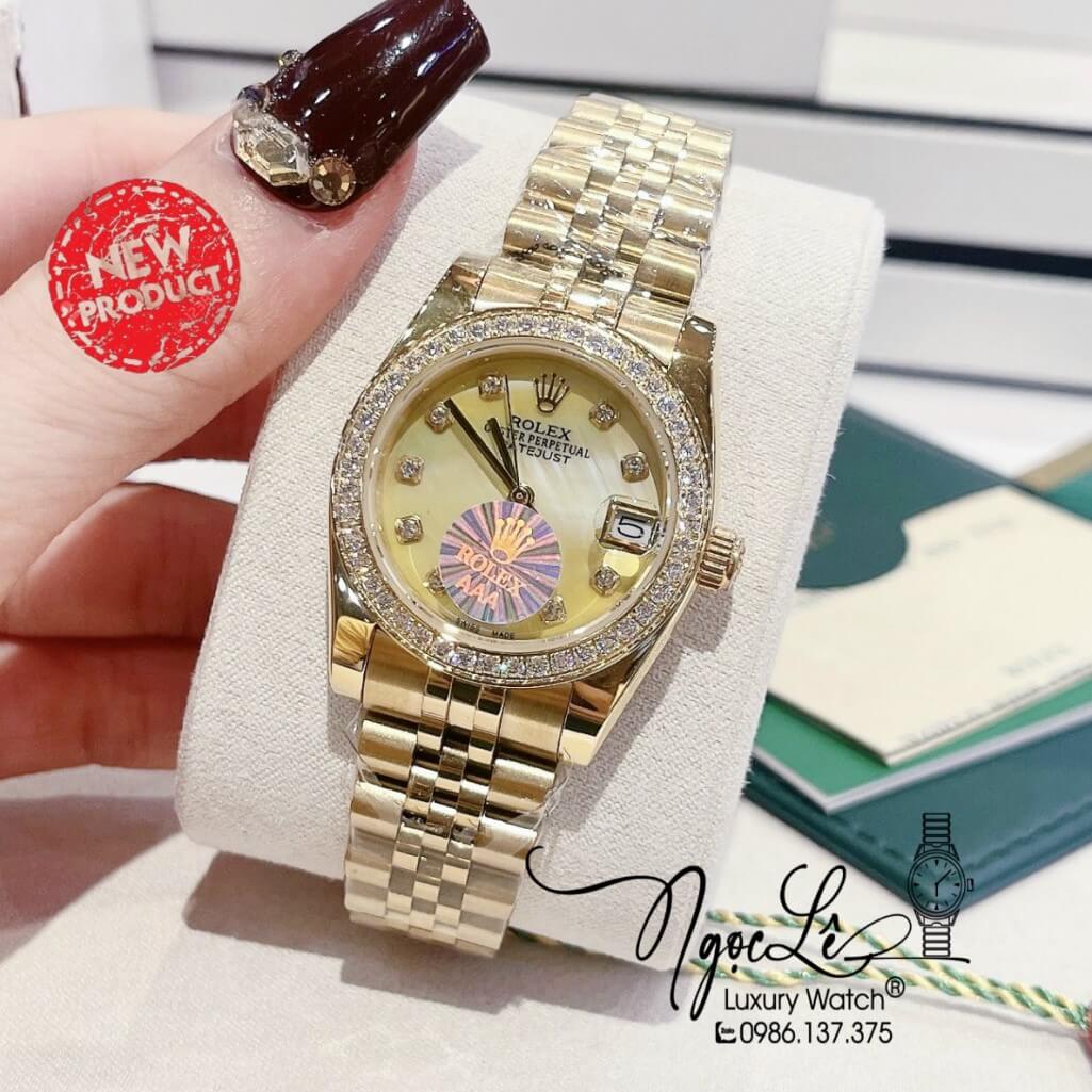 Đồng Hồ Rolex Datejust Nữ Máy Pin Màu Gold Viền Đá 32mm