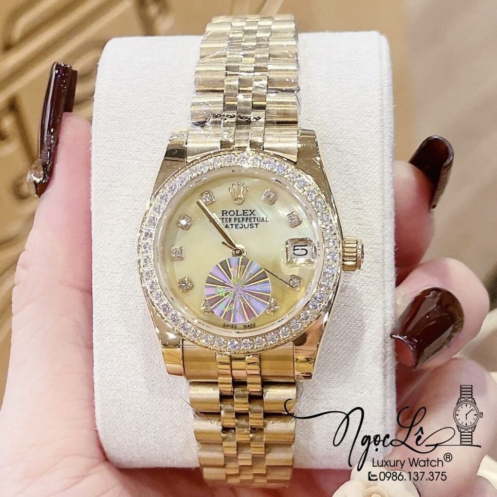 Đồng Hồ Rolex Datejust Nữ Máy Pin Màu Gold Viền Đá 32mm