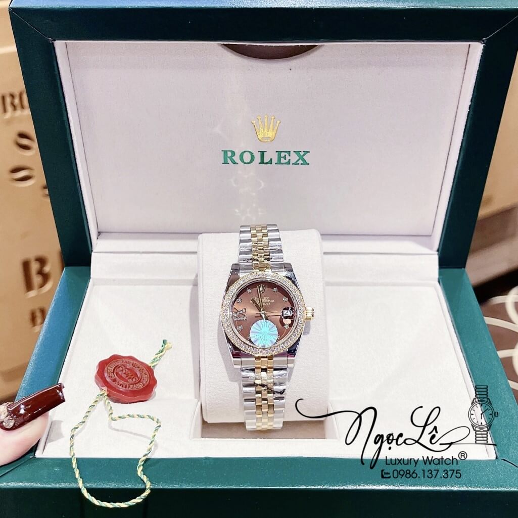 Đồng Hồ Rolex Datejust Nữ Máy Pin Màu Demi Gold Mặt Nâu Viền Đá 32mm
