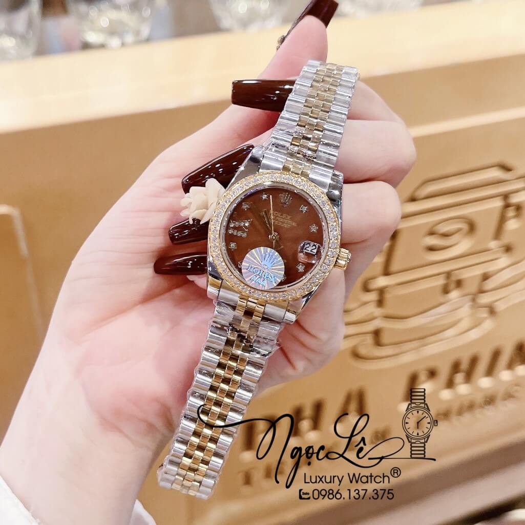 Đồng Hồ Rolex Datejust Nữ Máy Pin Màu Demi Gold Mặt Nâu Viền Đá 32mm