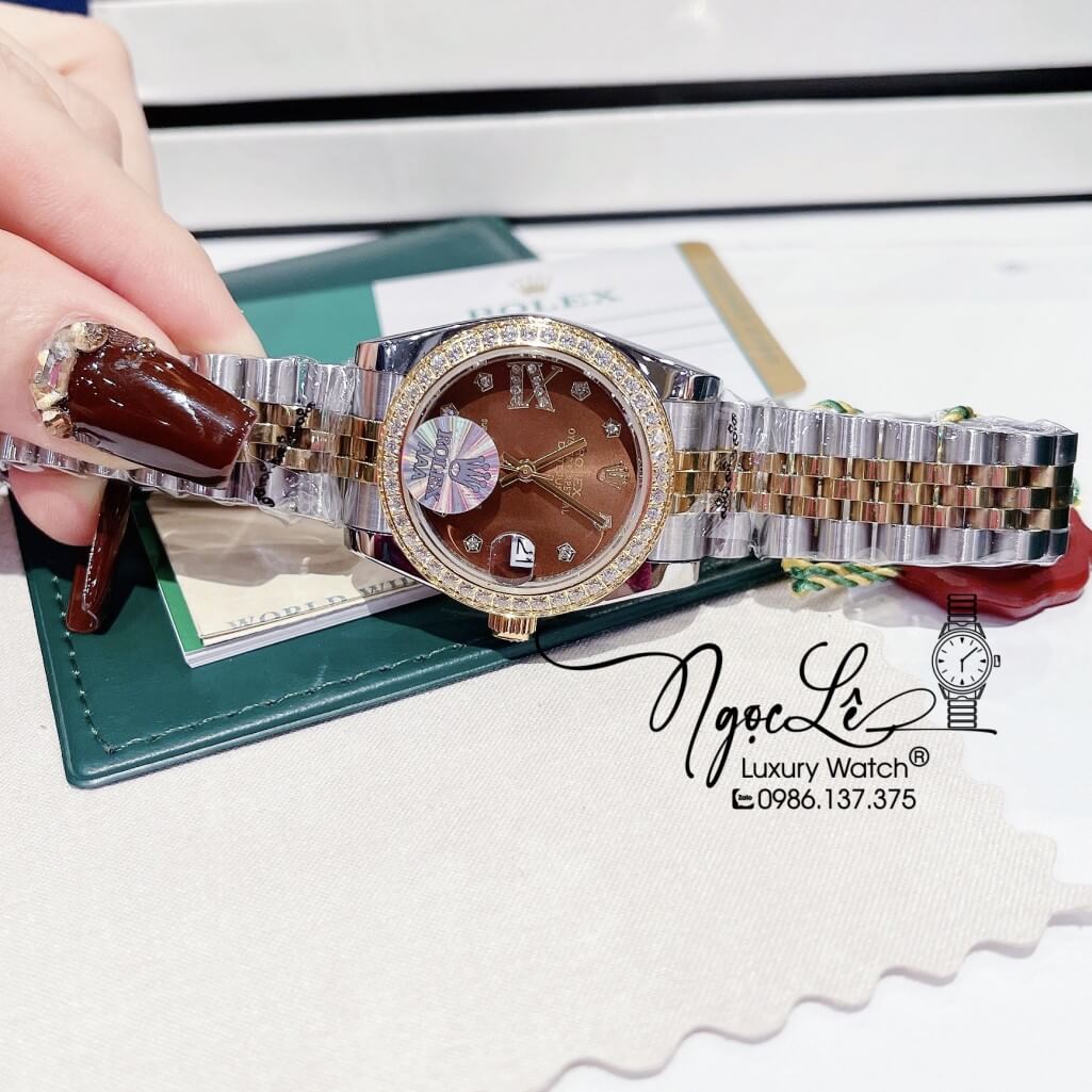 Đồng Hồ Rolex Datejust Nữ Máy Pin Màu Demi Gold Mặt Nâu Viền Đá 32mm