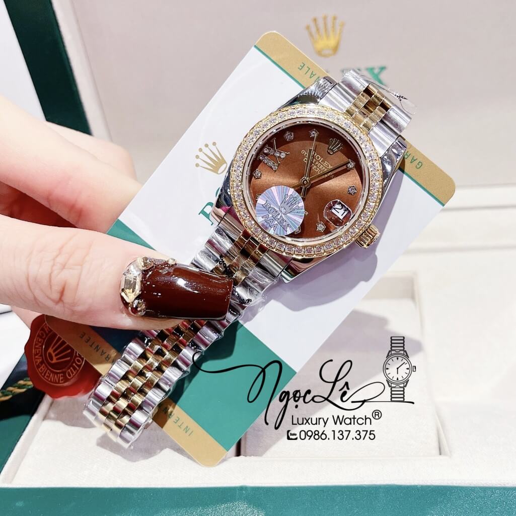 Đồng Hồ Rolex Datejust Nữ Máy Pin Màu Demi Gold Mặt Nâu Viền Đá 32mm