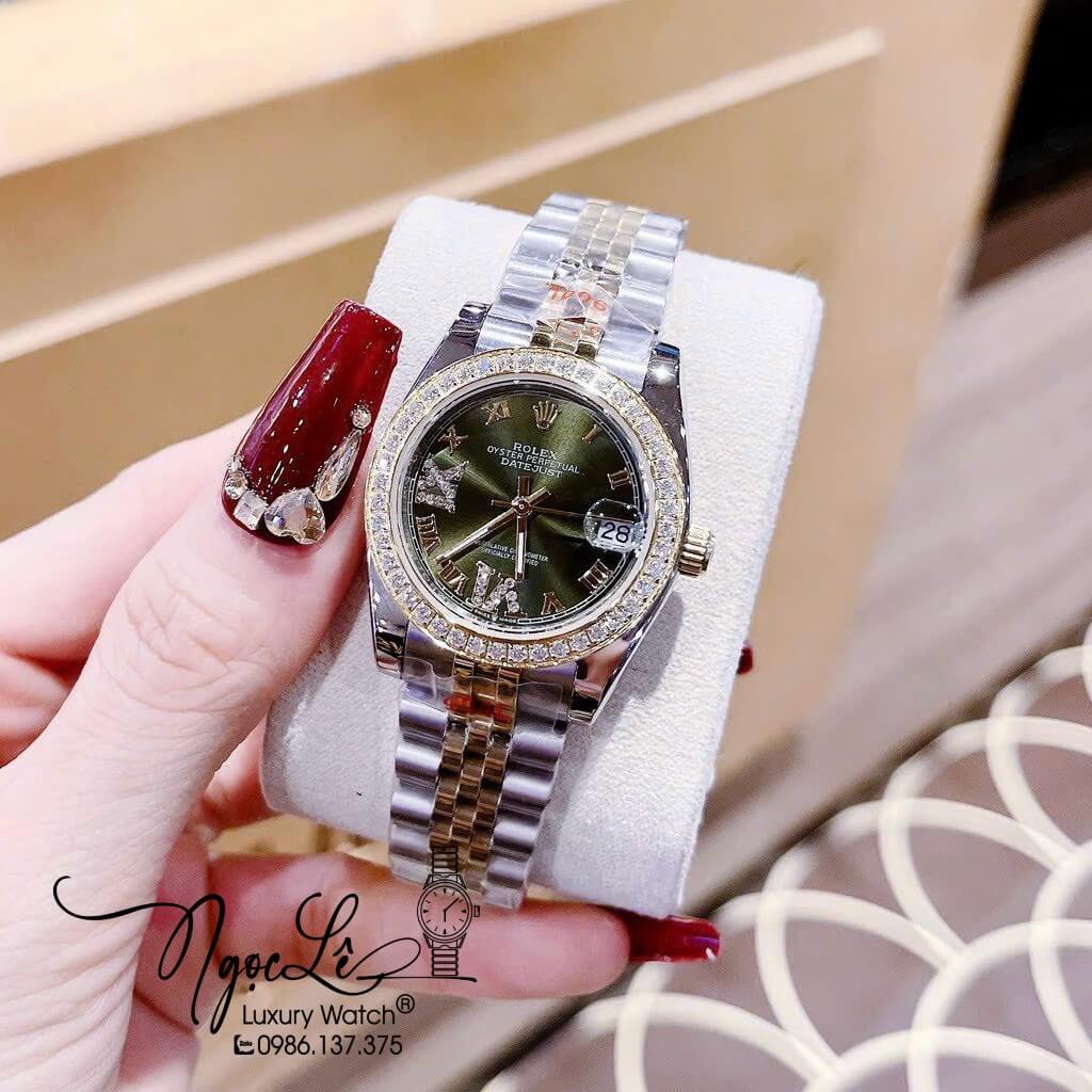 Đồng Hồ Rolex Datejust Nữ Máy Pin Màu Demi Rose Mặt Xanh Viền Đá 32mm