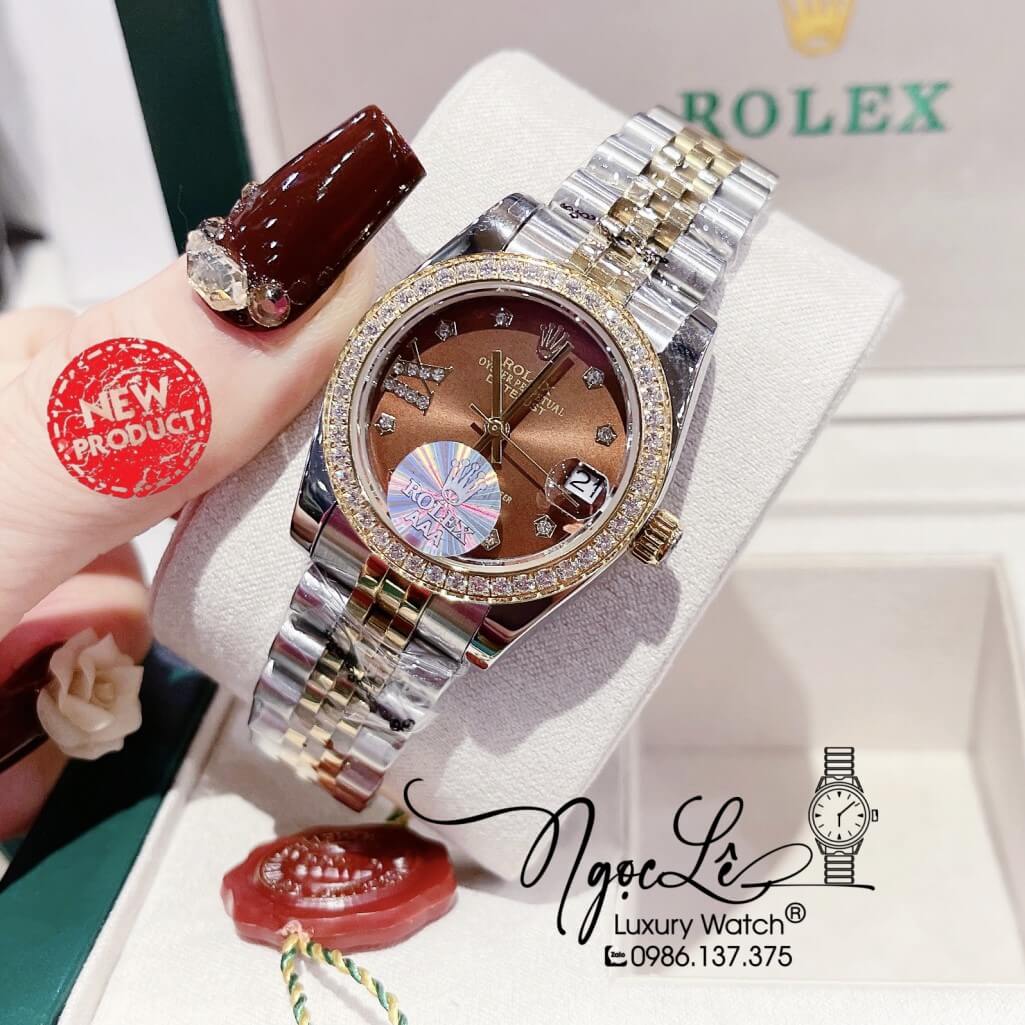 Đồng Hồ Rolex Datejust Nữ Máy Pin Màu Demi Gold Mặt Nâu Viền Đá 32mm