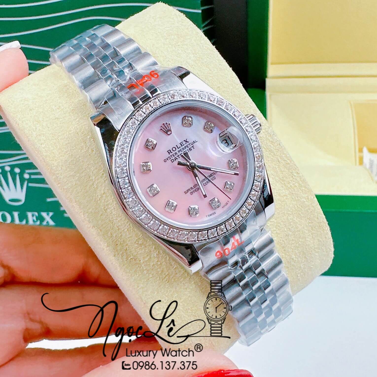 Đồng Hồ Nữ Rolex Datejust Pin Dây Kim Loại Bạc Mặt Hồng Xà Cừ Đính Đá Size 32mm