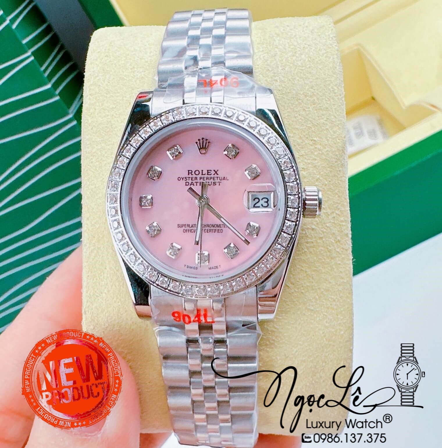 Đồng Hồ Nữ Rolex Datejust Pin Dây Kim Loại Bạc Mặt Hồng Xà Cừ Đính Đá Size 32mm