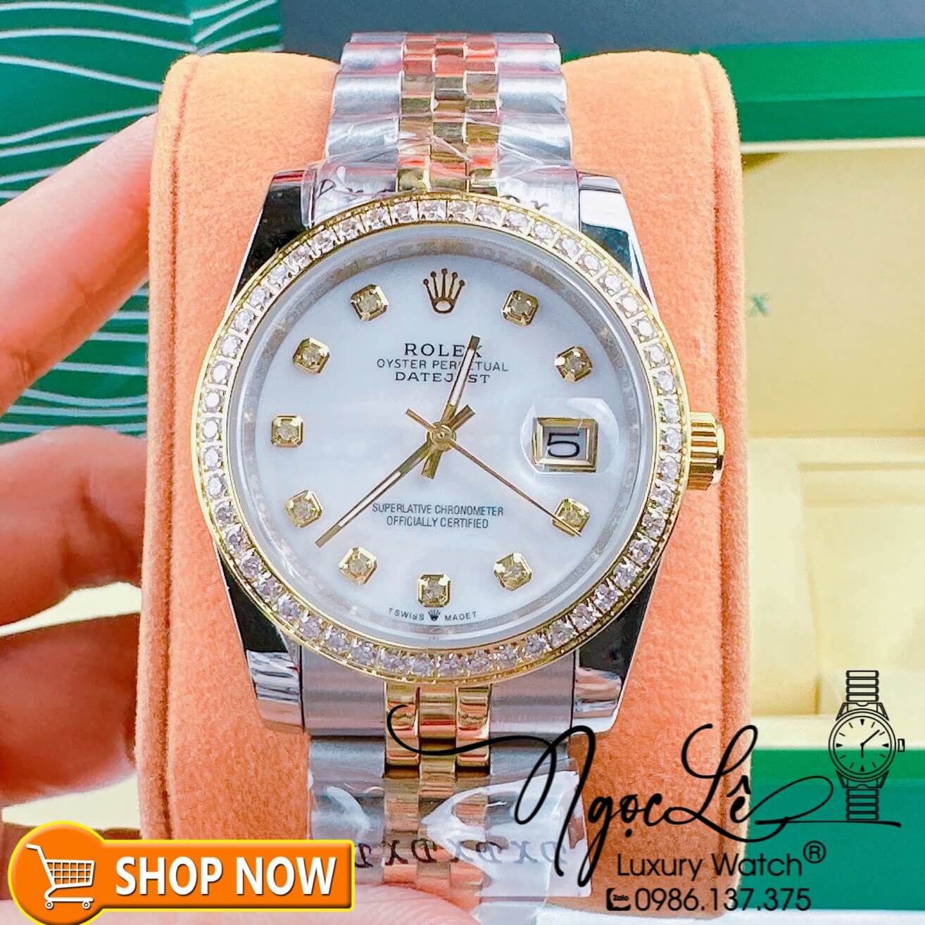 Đồng Hồ Cặp Rolex Datejust Pin Dây Kim Loại Demi Mặt Xà Cừ Đính Đá 36mm - 31mm