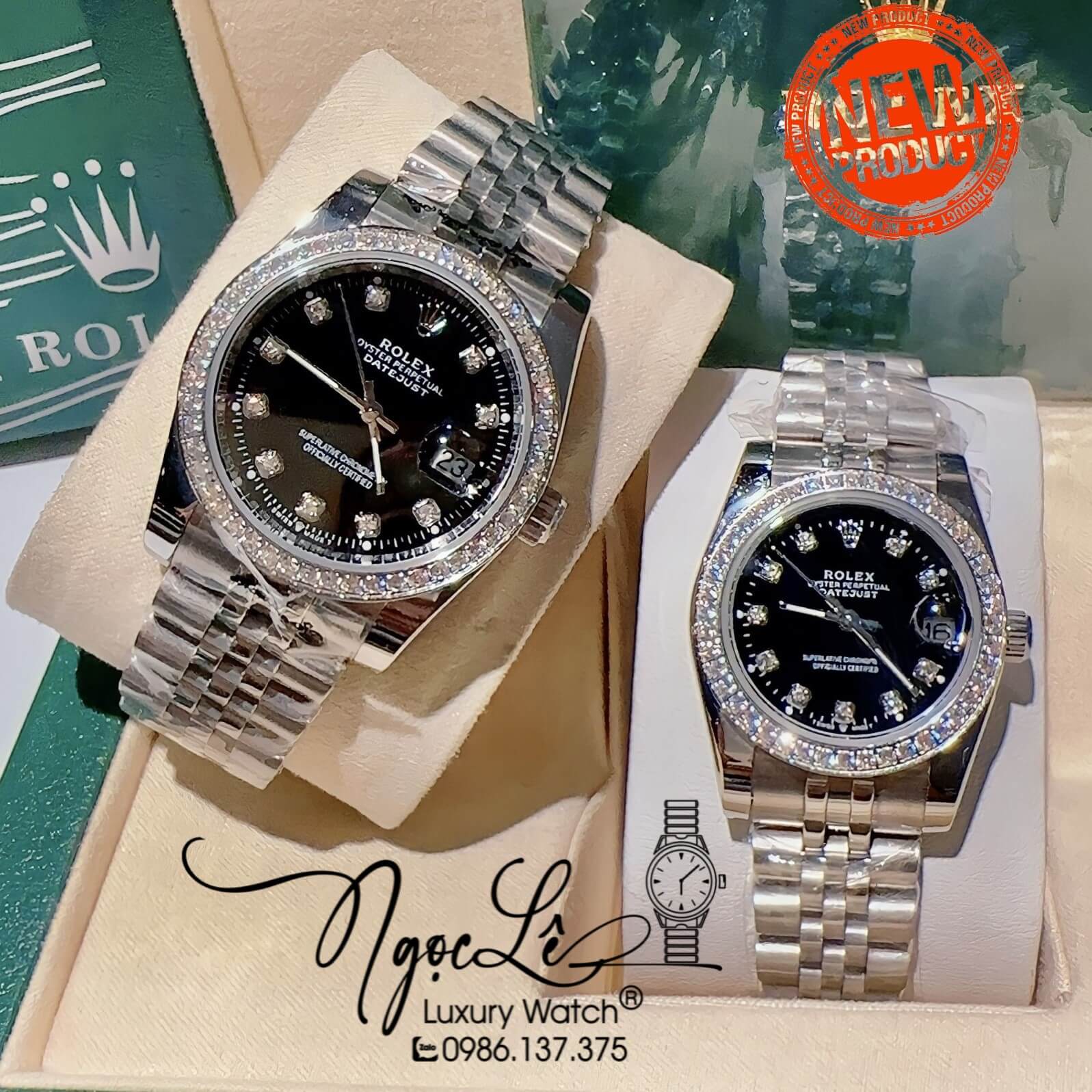 Đồng Hồ Cặp Rolex Datejust Pin Dây Kim Loại Bạc Mặt Đen Đính Đá 36mm - 31mm