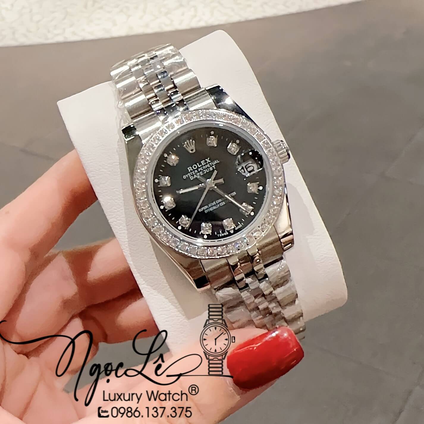 Đồng Hồ Cặp Rolex Datejust Pin Dây Kim Loại Bạc Mặt Đen Đính Đá 36mm - 31mm