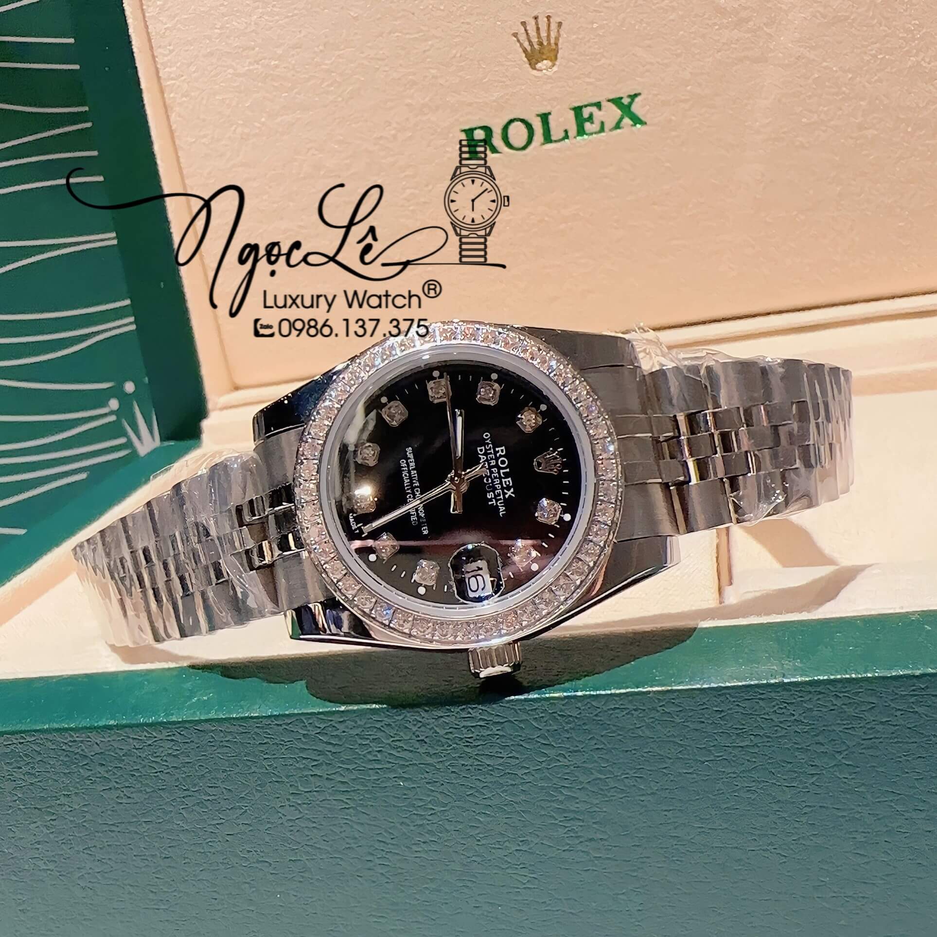 Đồng Hồ Cặp Rolex Datejust Pin Dây Kim Loại Bạc Mặt Đen Đính Đá 36mm - 31mm