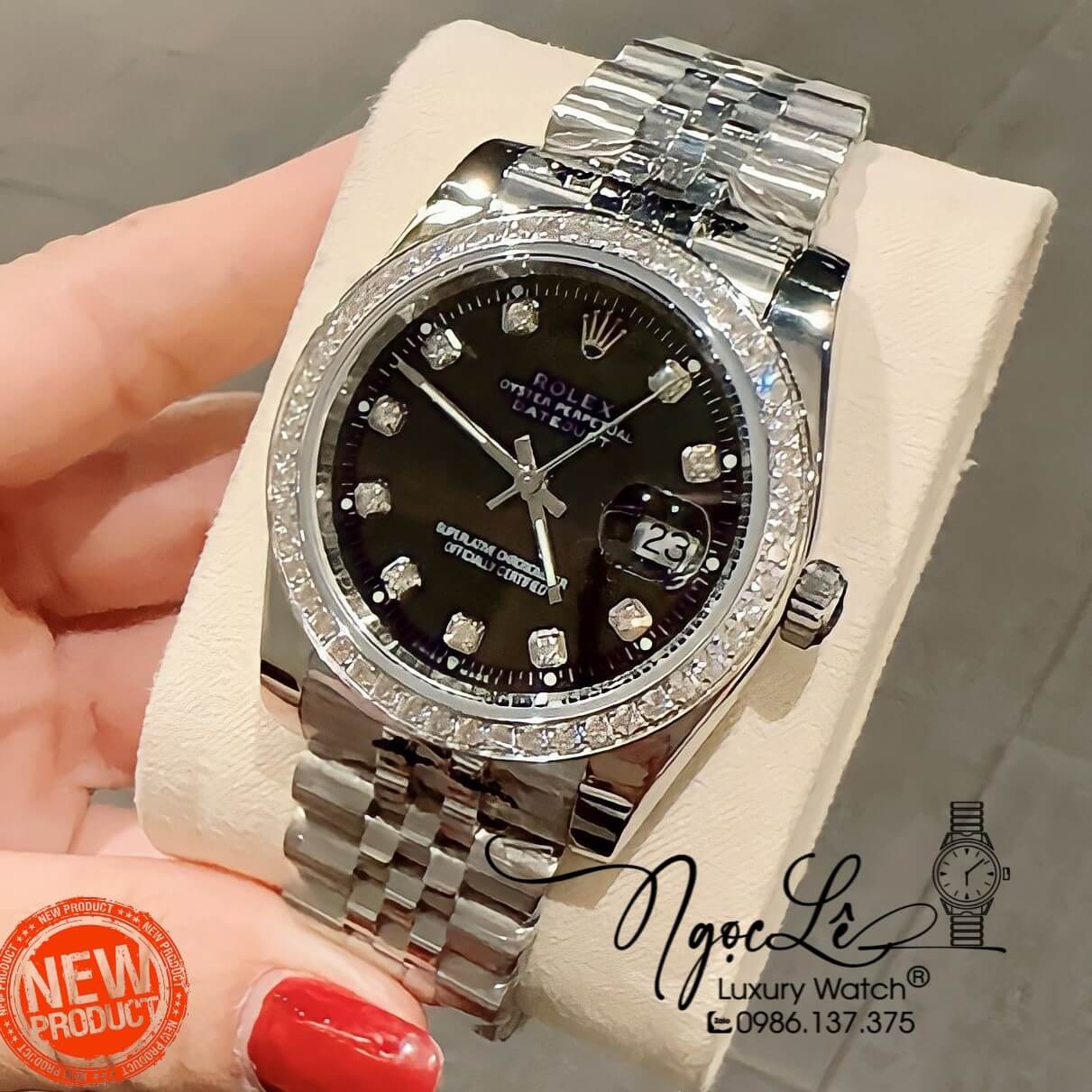 Đồng Hồ Cặp Rolex Datejust Pin Dây Kim Loại Bạc Mặt Đen Đính Đá 36mm - 31mm