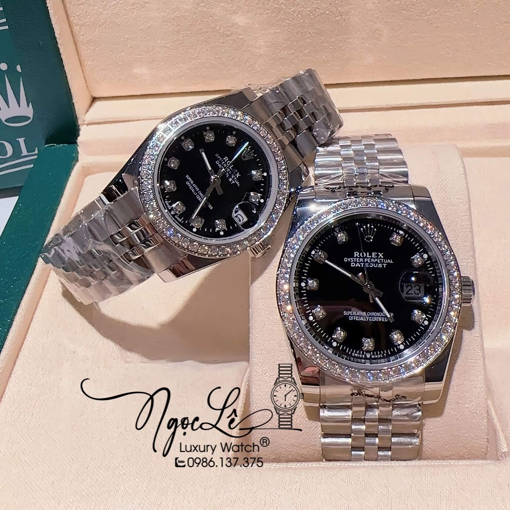 Đồng Hồ Cặp Rolex Datejust Pin Dây Kim Loại Bạc Mặt Đen Đính Đá 36mm - 31mm