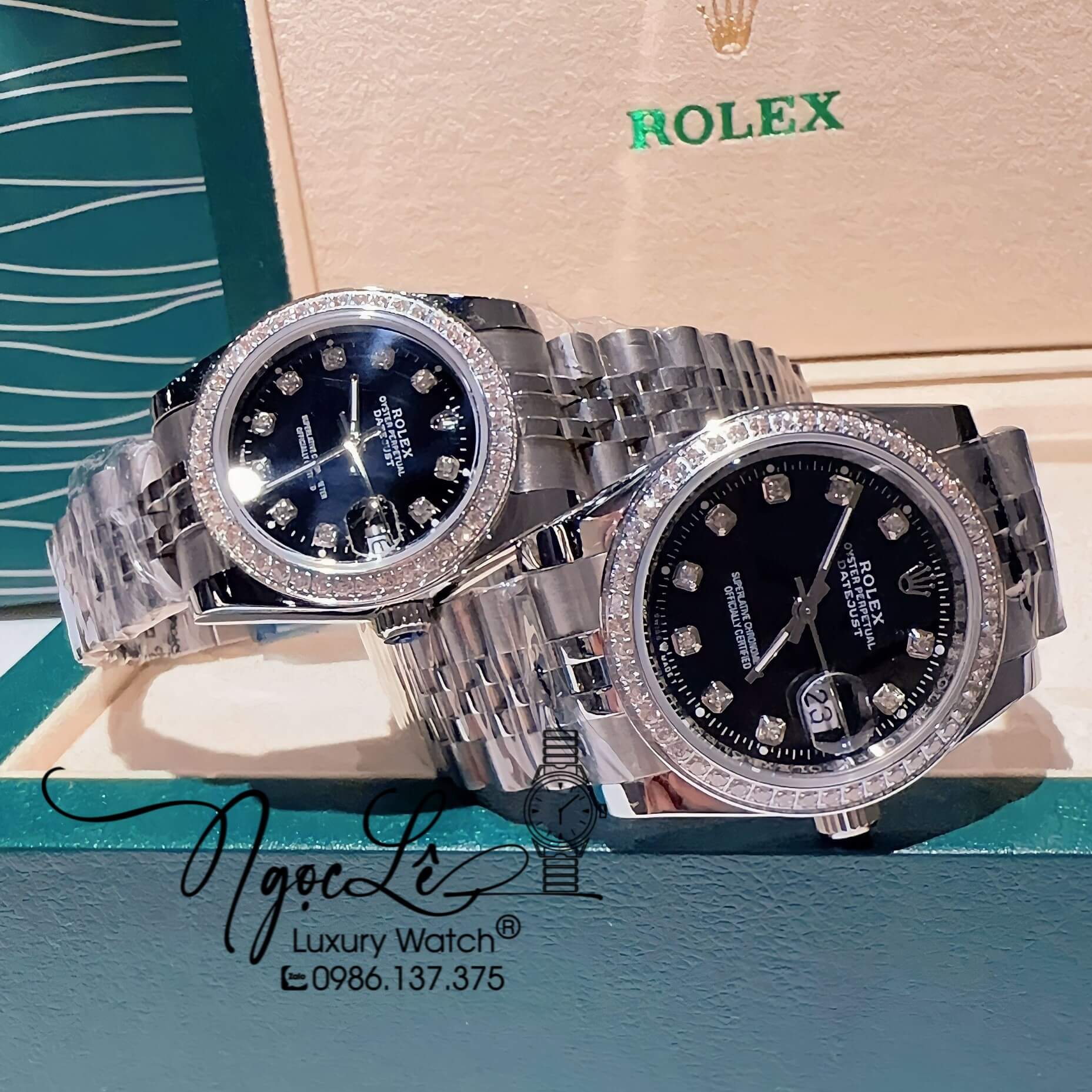 Đồng Hồ Cặp Rolex Datejust Pin Dây Kim Loại Bạc Mặt Đen Đính Đá 36mm - 31mm