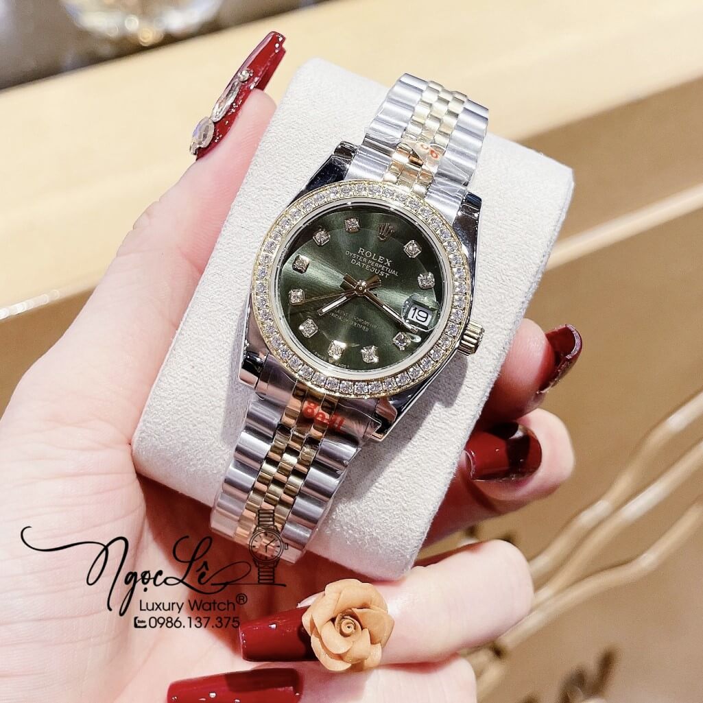 Đồng Hồ Rolex Datejust Nữ Máy Pin Màu Demi Gold Mặt Xanh Viền Đá 32mm