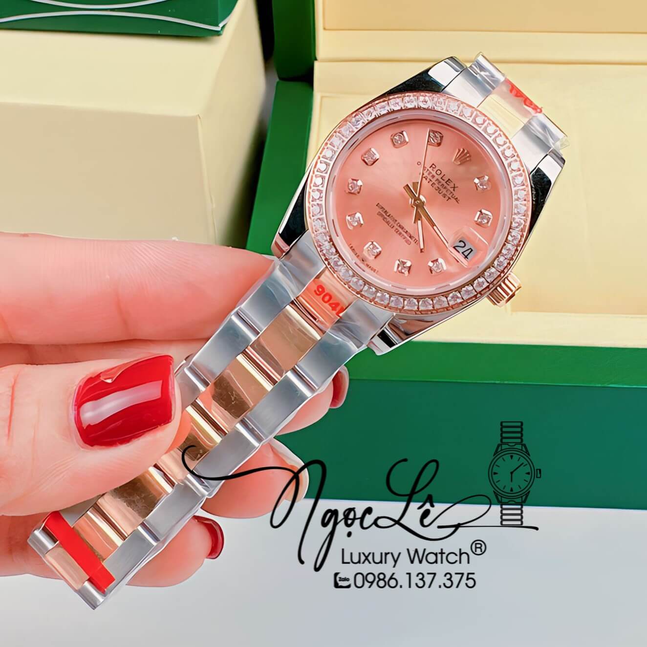 Đồng Hồ Nữ Rolex Datejust Pin Dây Kim Loại Rose Mặt Rose Đính Đá Size 32mm