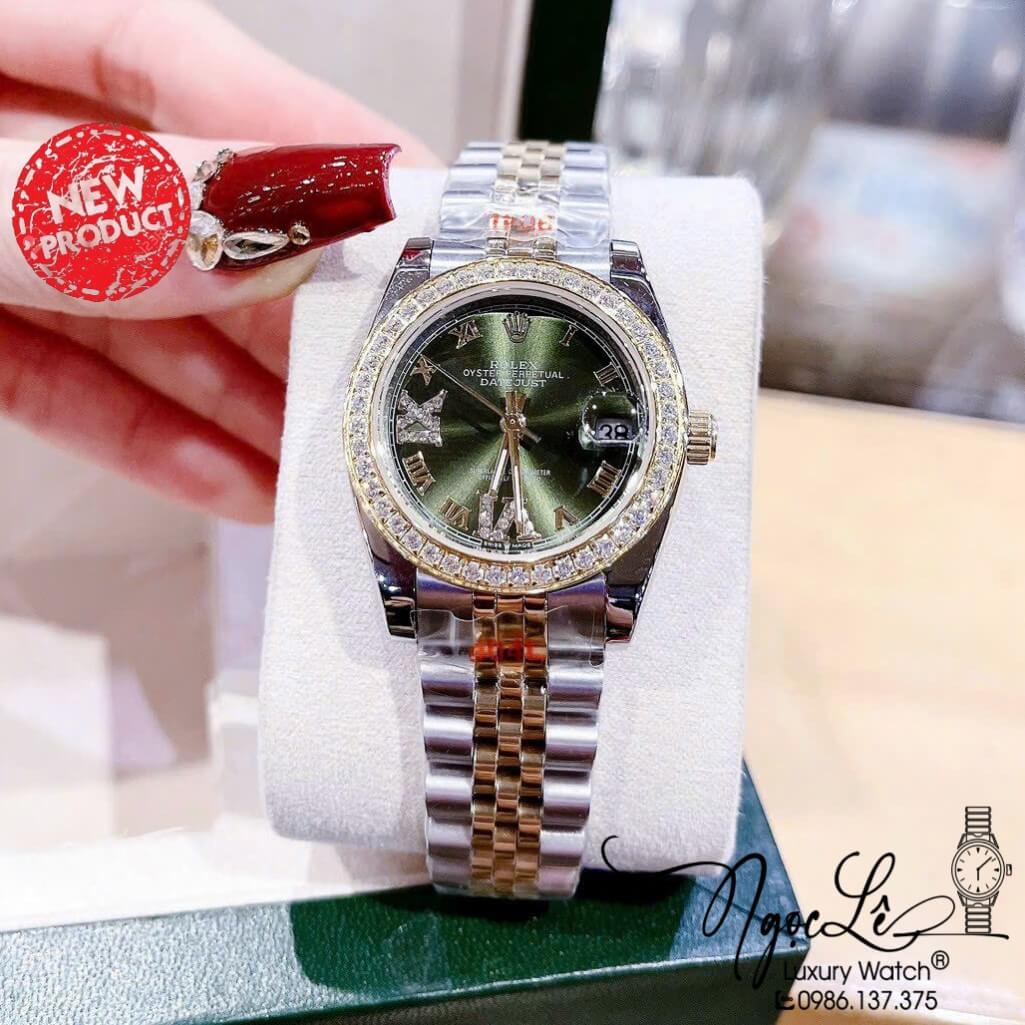 Đồng Hồ Rolex Datejust Nữ Máy Pin Màu Demi Rose Mặt Xanh Viền Đá 32mm