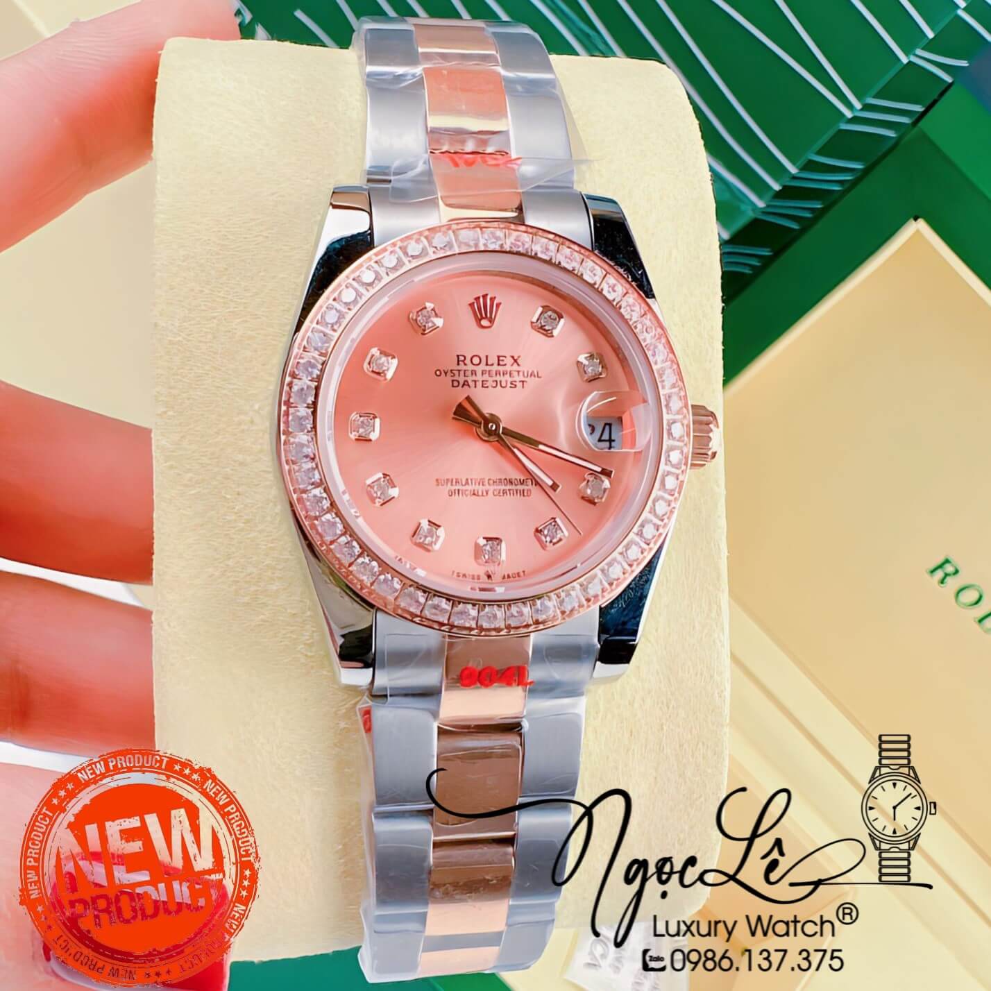 Đồng Hồ Nữ Rolex Datejust Pin Dây Kim Loại Rose Mặt Rose Đính Đá Size 32mm