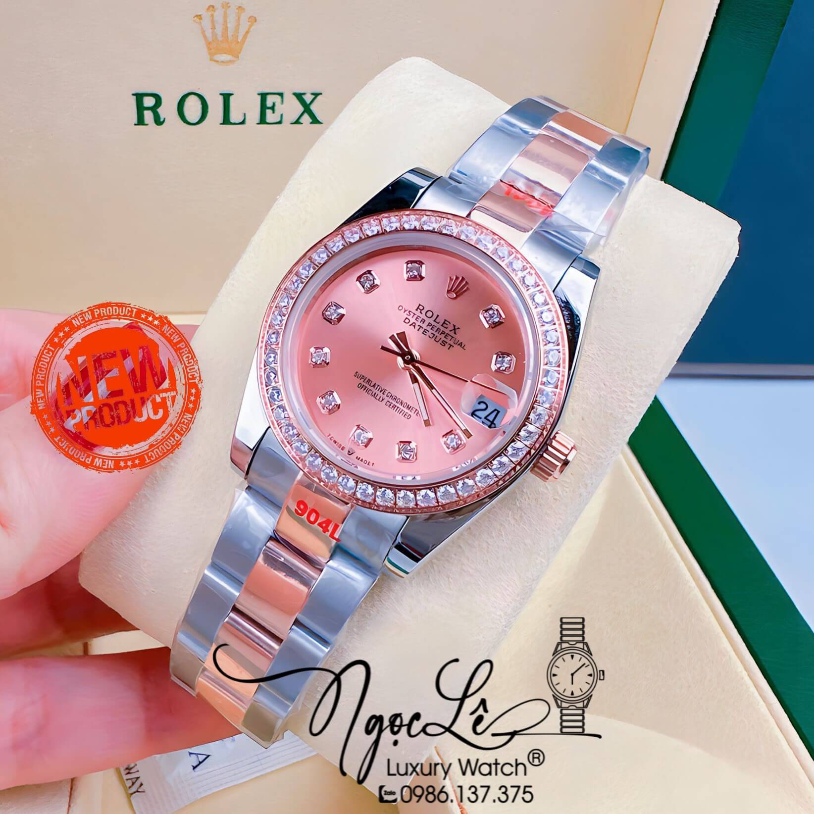 Đồng Hồ Nữ Rolex Datejust Pin Dây Kim Loại Rose Mặt Rose Đính Đá Size 32mm