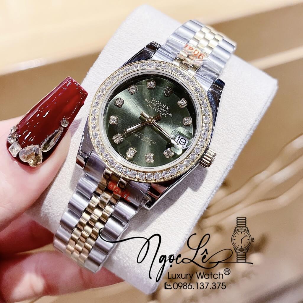 Đồng Hồ Rolex Datejust Nữ Máy Pin Màu Demi Gold Mặt Xanh Viền Đá 32mm