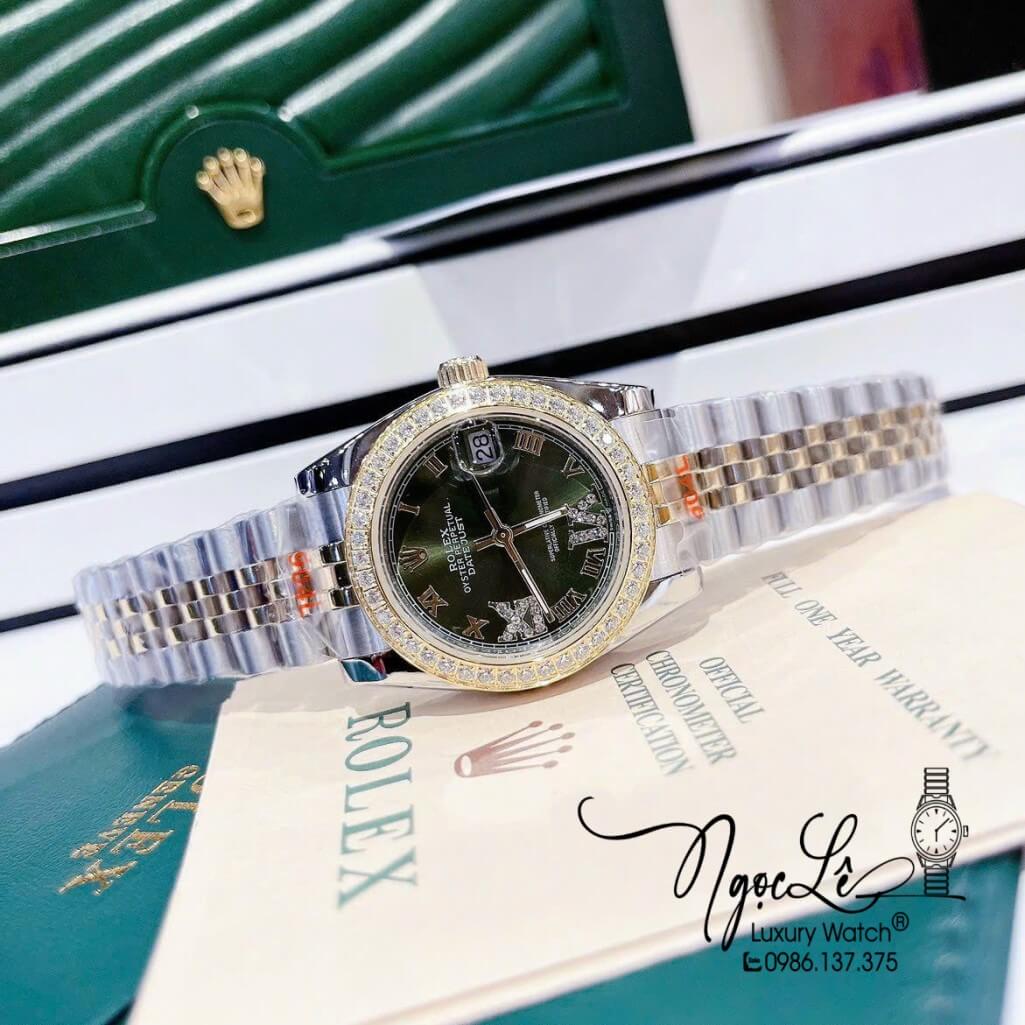 Đồng Hồ Rolex Datejust Nữ Máy Pin Màu Demi Rose Mặt Xanh Viền Đá 32mm