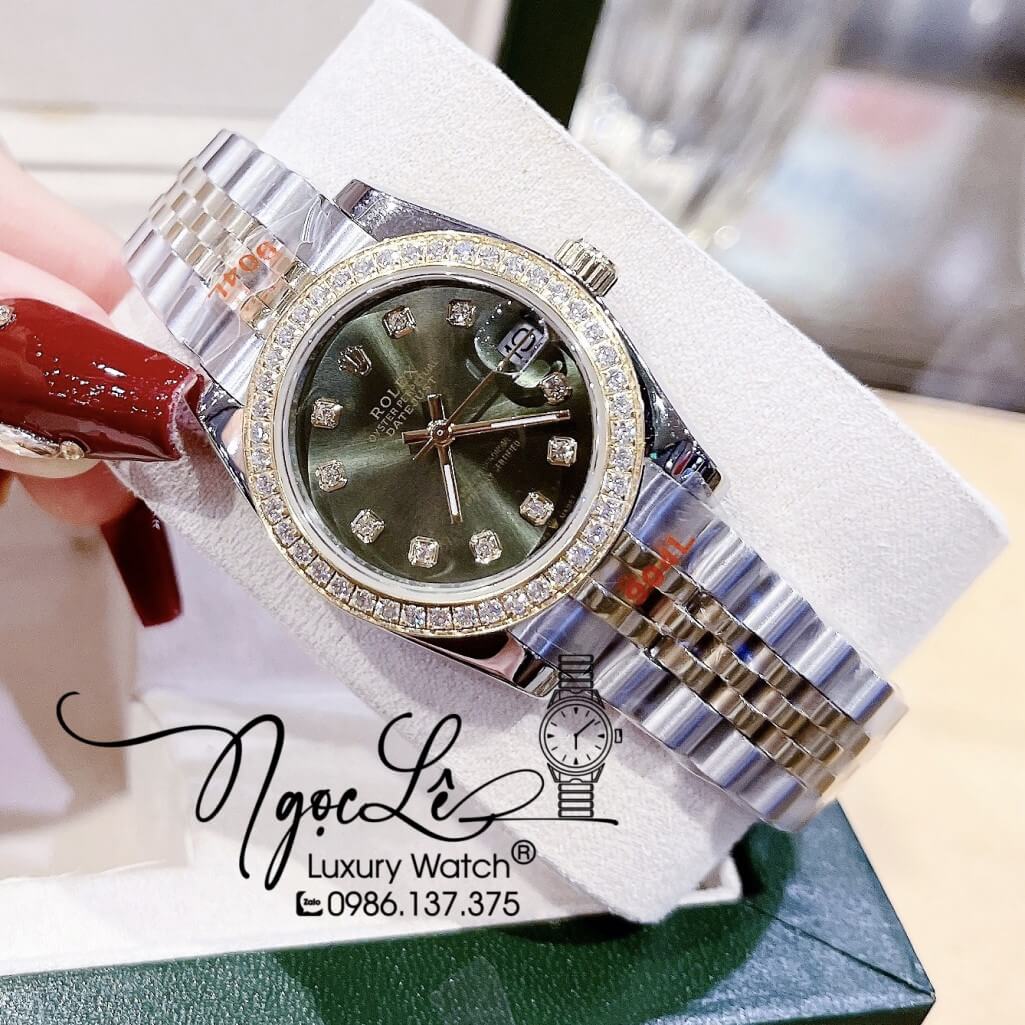 Đồng Hồ Rolex Datejust Nữ Máy Pin Màu Demi Gold Mặt Xanh Viền Đá 32mm