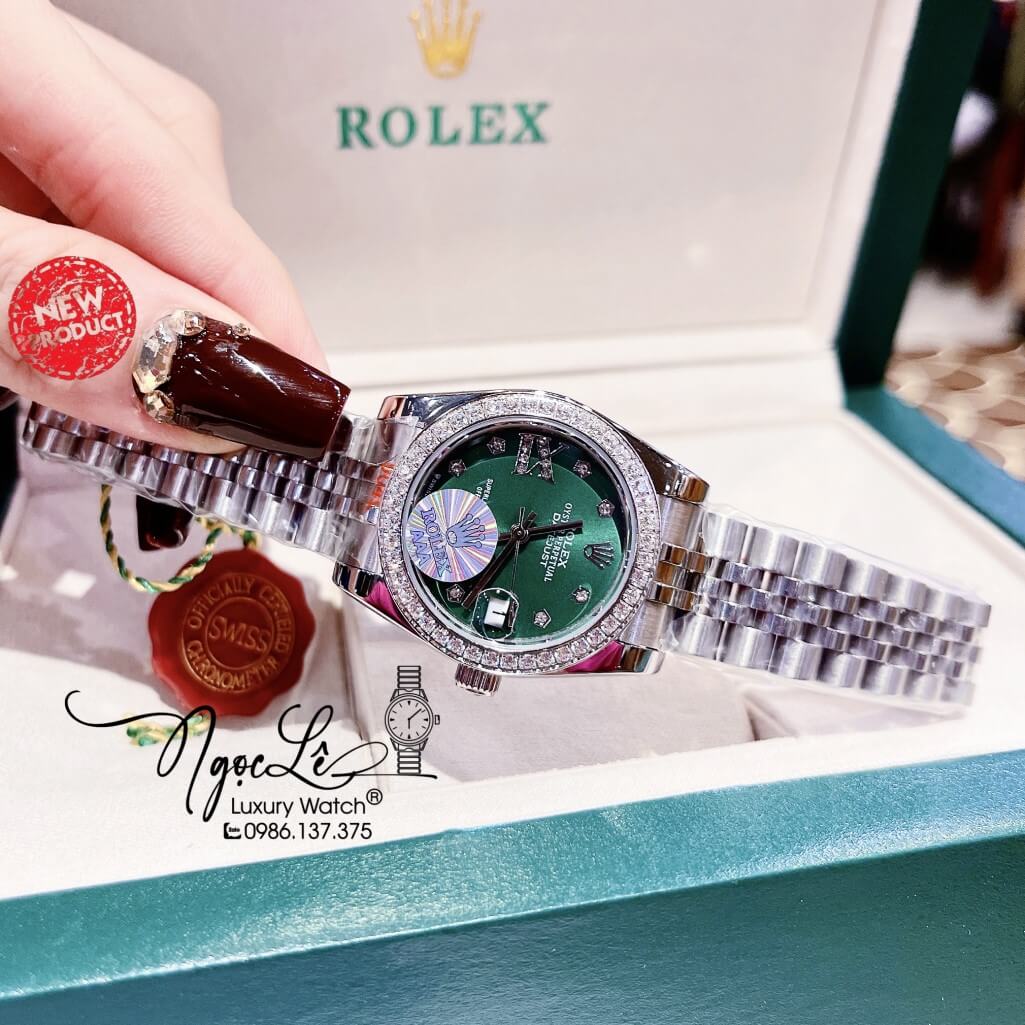 Đồng Hồ Rolex Datejust Nữ Máy Pin Màu Bạc Mặt Xanh Viền Đá 32mm