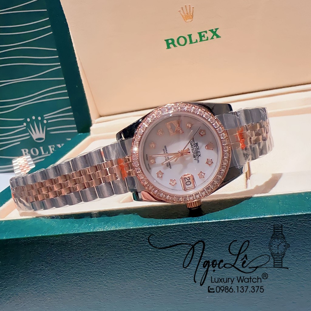 Đồng Hồ Rolex Datejust Nữ Máy Pin Màu Demi Rose Mặt Trắng Viền Đá 32mm