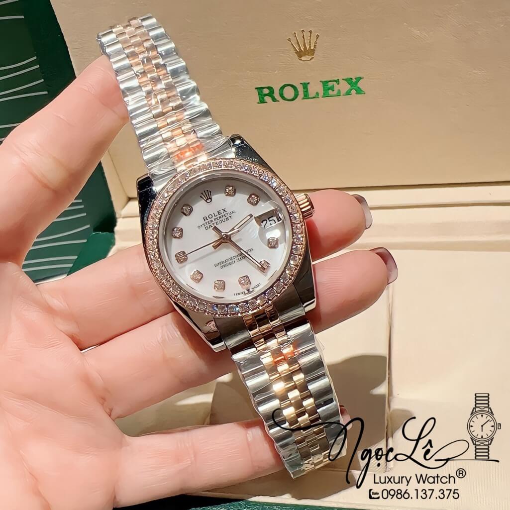 Đồng Hồ Rolex Datejust Nữ Máy Pin Màu Demi Rose Mặt Trắng Viền Đá 32mm