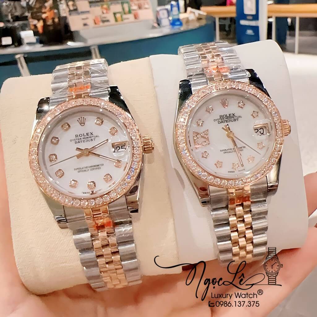 Đồng Hồ Rolex Datejust Nữ Máy Pin Màu Demi Rose Mặt Trắng Viền Đá 32mm