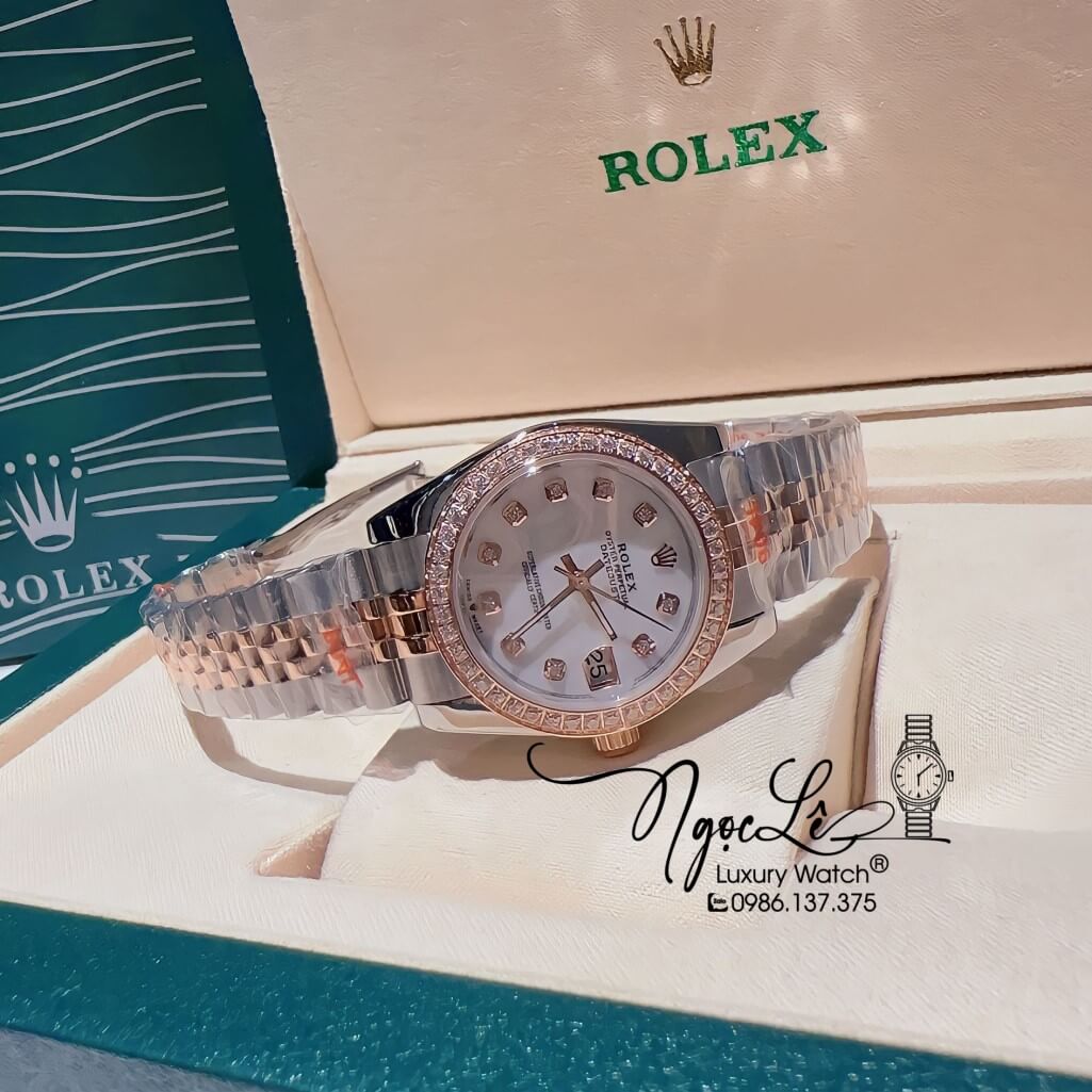 Đồng Hồ Rolex Datejust Nữ Máy Pin Màu Demi Rose Mặt Trắng Viền Đá 32mm