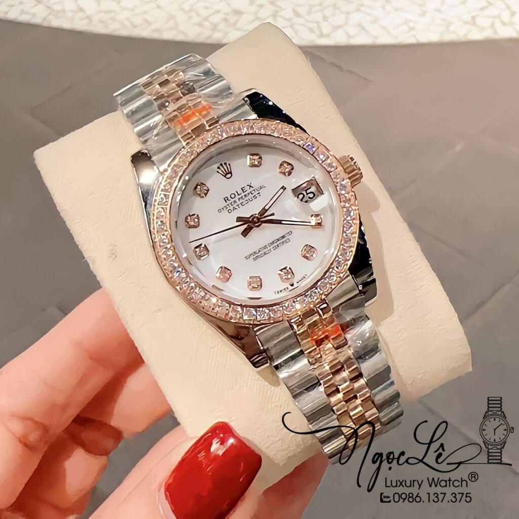 Đồng Hồ Rolex Datejust Nữ Máy Pin Màu Demi Rose Mặt Trắng Viền Đá 32mm