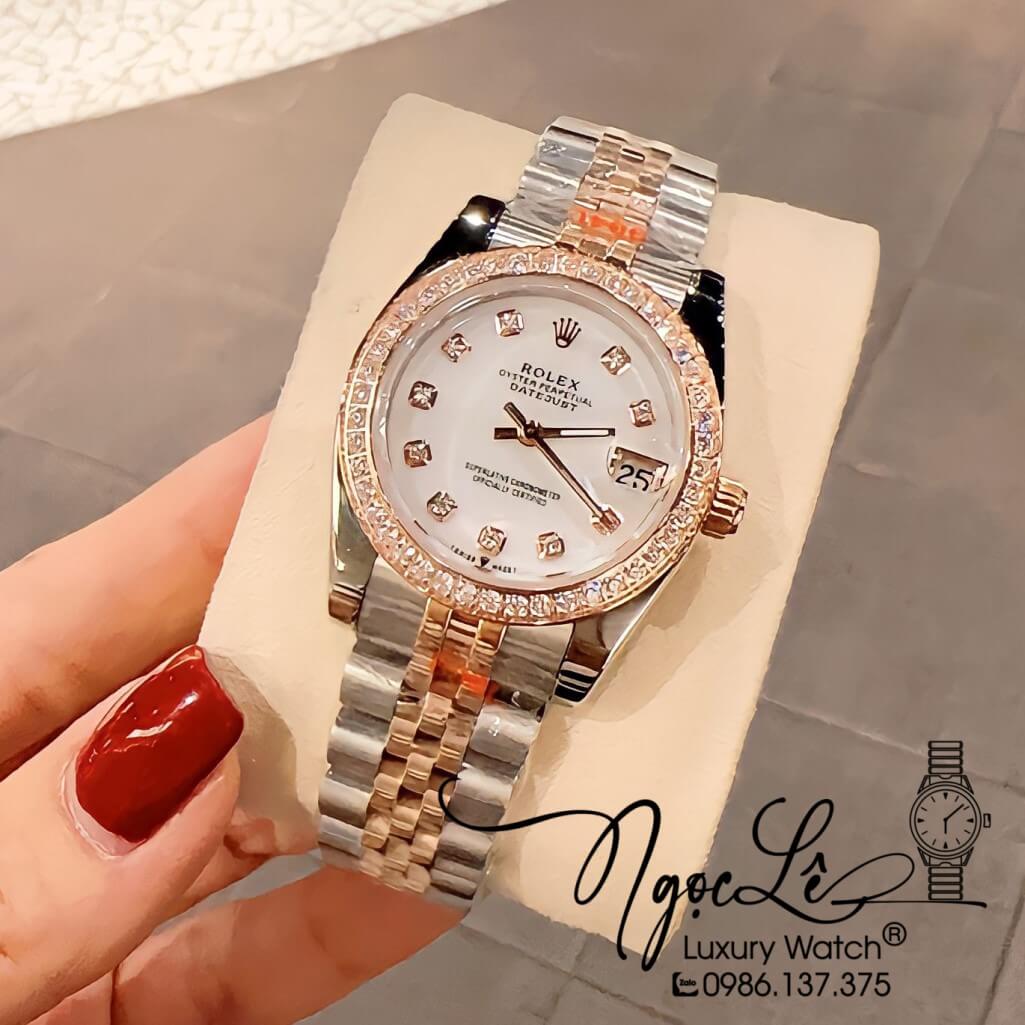 Đồng Hồ Rolex Datejust Nữ Máy Pin Màu Demi Rose Mặt Trắng Viền Đá 32mm