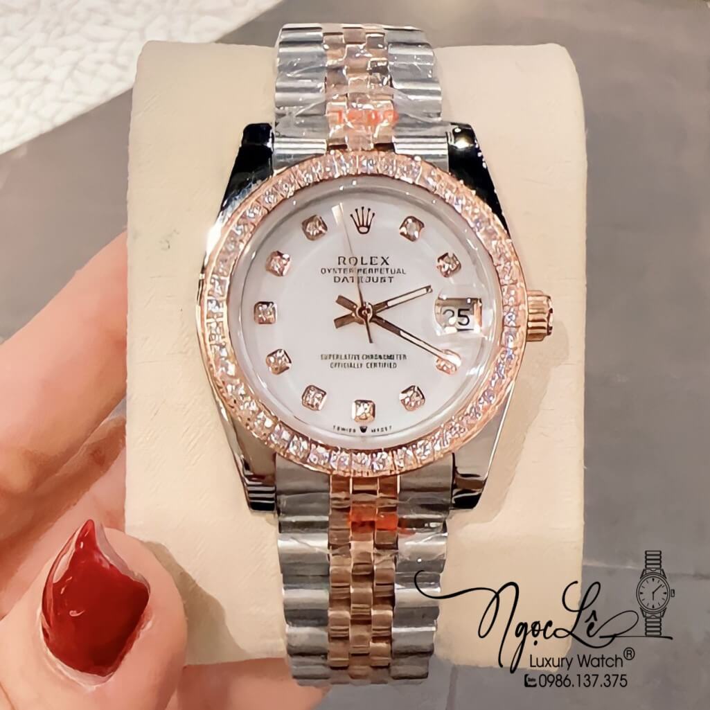 Đồng Hồ Rolex Datejust Nữ Máy Pin Màu Demi Rose Mặt Trắng Viền Đá 32mm