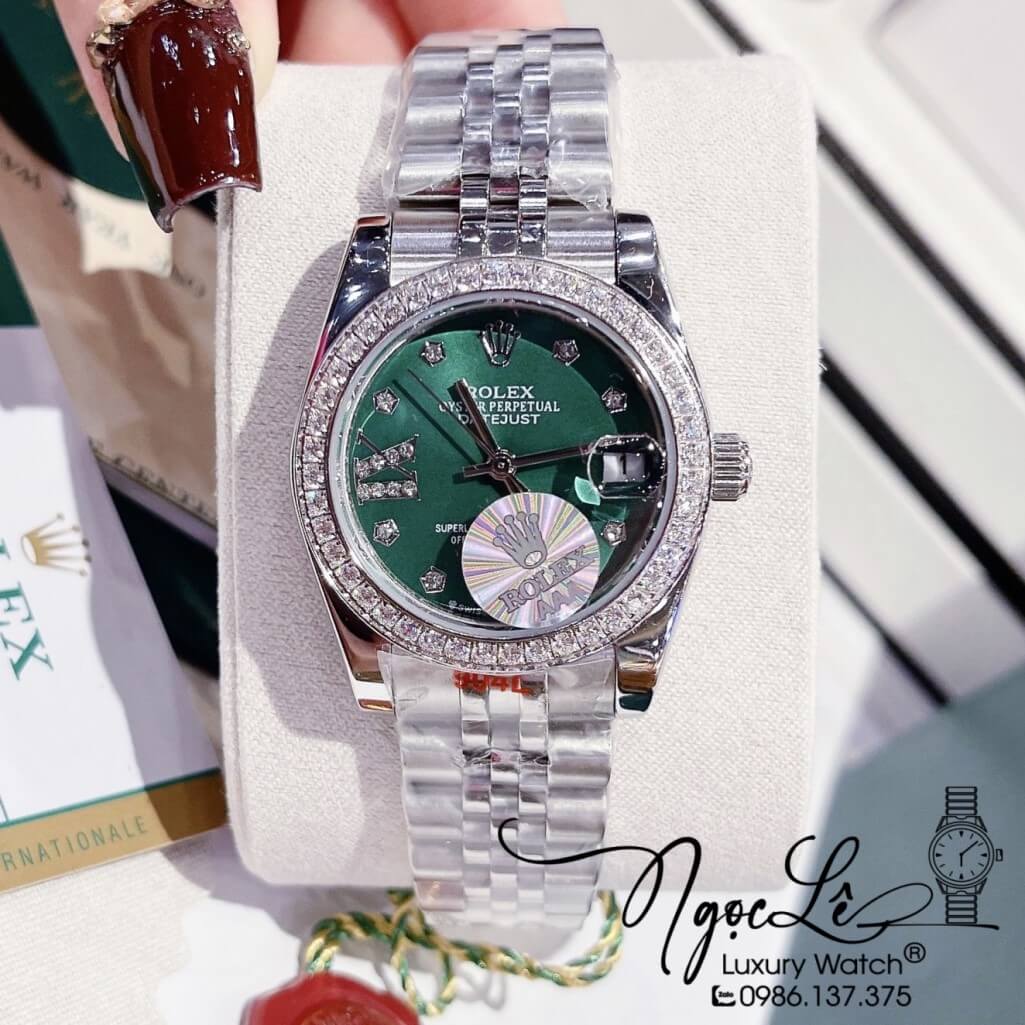 Đồng Hồ Rolex Datejust Nữ Máy Pin Màu Bạc Mặt Xanh Viền Đá 32mm