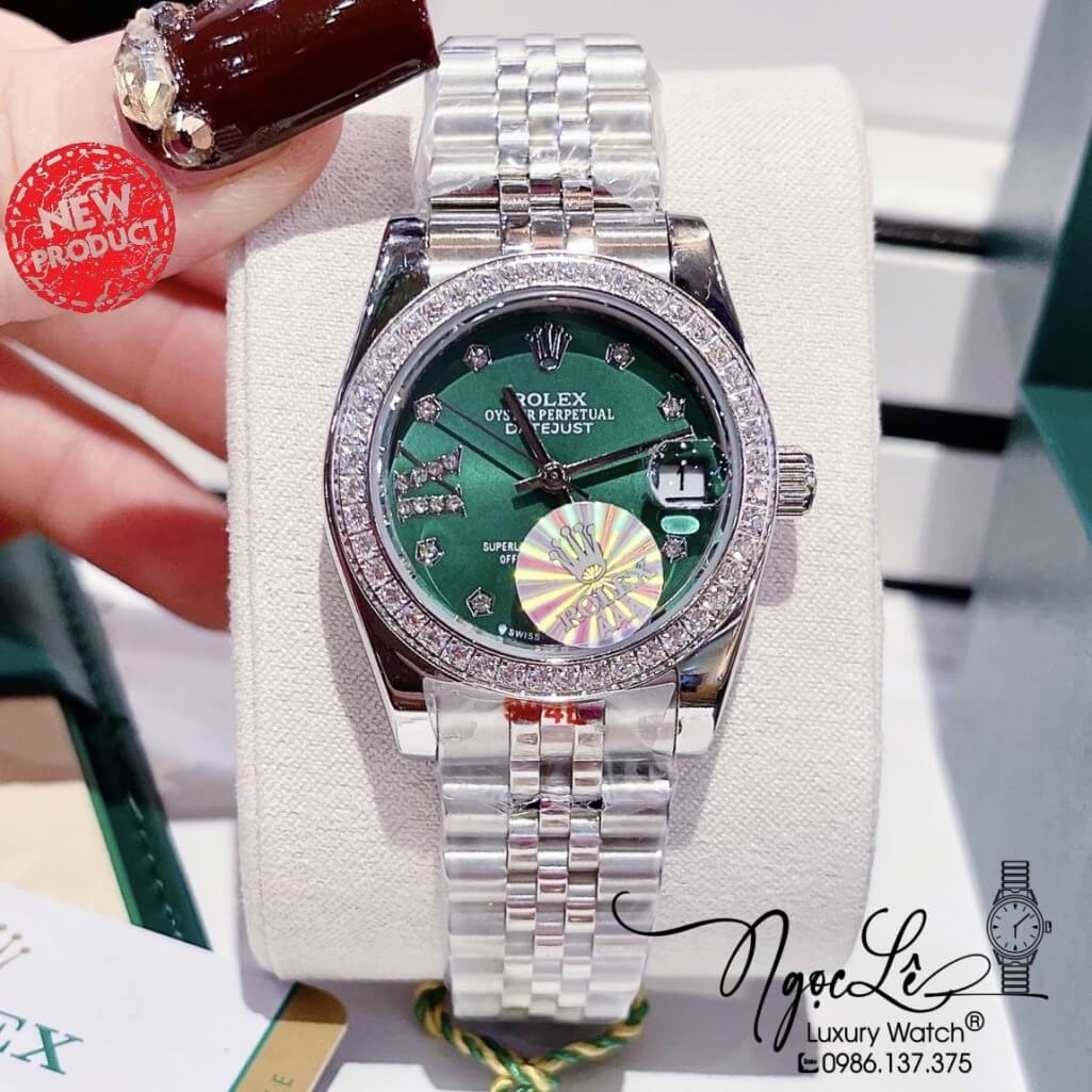 Đồng Hồ Rolex Datejust Nữ Máy Pin Màu Bạc Mặt Xanh Viền Đá 32mm