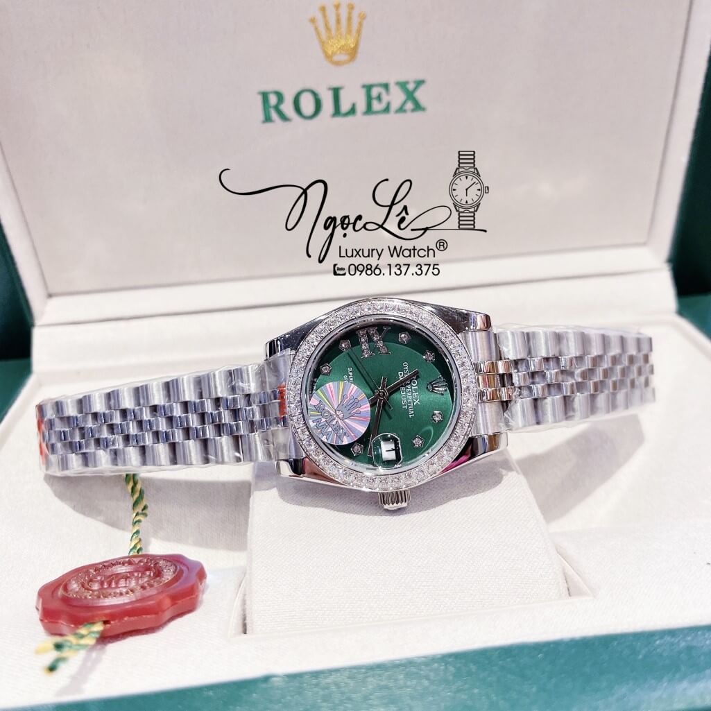 Đồng Hồ Rolex Datejust Nữ Máy Pin Màu Bạc Mặt Xanh Viền Đá 32mm