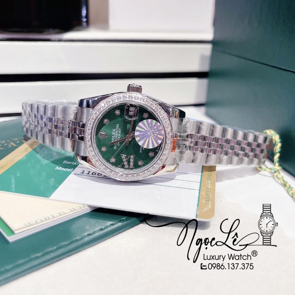 Đồng Hồ Rolex Datejust Nữ Máy Pin Màu Bạc Mặt Xanh Viền Đá 32mm