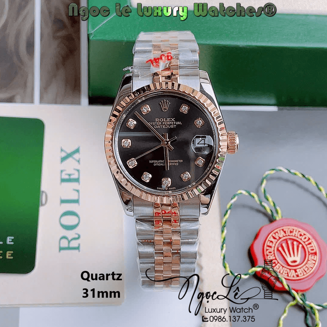 Đồng Hồ Nữ Rolex Datejust Pin Dây Kim Loại Demi Vàng Hồng Niềng Khía Size 32mm - Mặt Đen