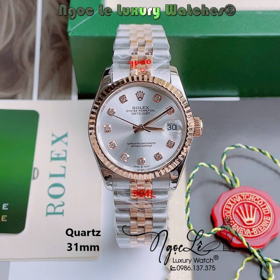 Đồng Hồ Nữ Rolex Datejust Pin Dây Kim Loại Demi Vàng Hồng Niềng Khía Size 32mm - Mặt Trắng Sữa