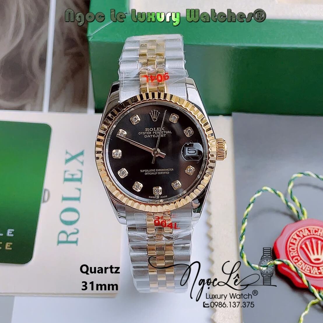 Đồng Hồ Nữ Rolex Datejust Pin Dây Kim Loại Demi Vàng Niềng Khía Size 32mm - Mặt Đen