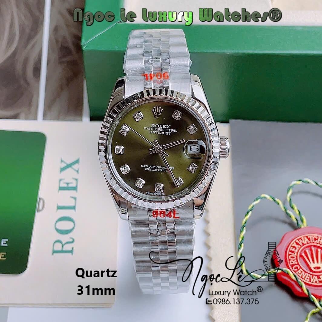 Đồng Hồ Nữ Rolex Datejust Pin Dây Kim Loại Silver Niềng Khía Size 32mm - Mặt Xanh Rêu