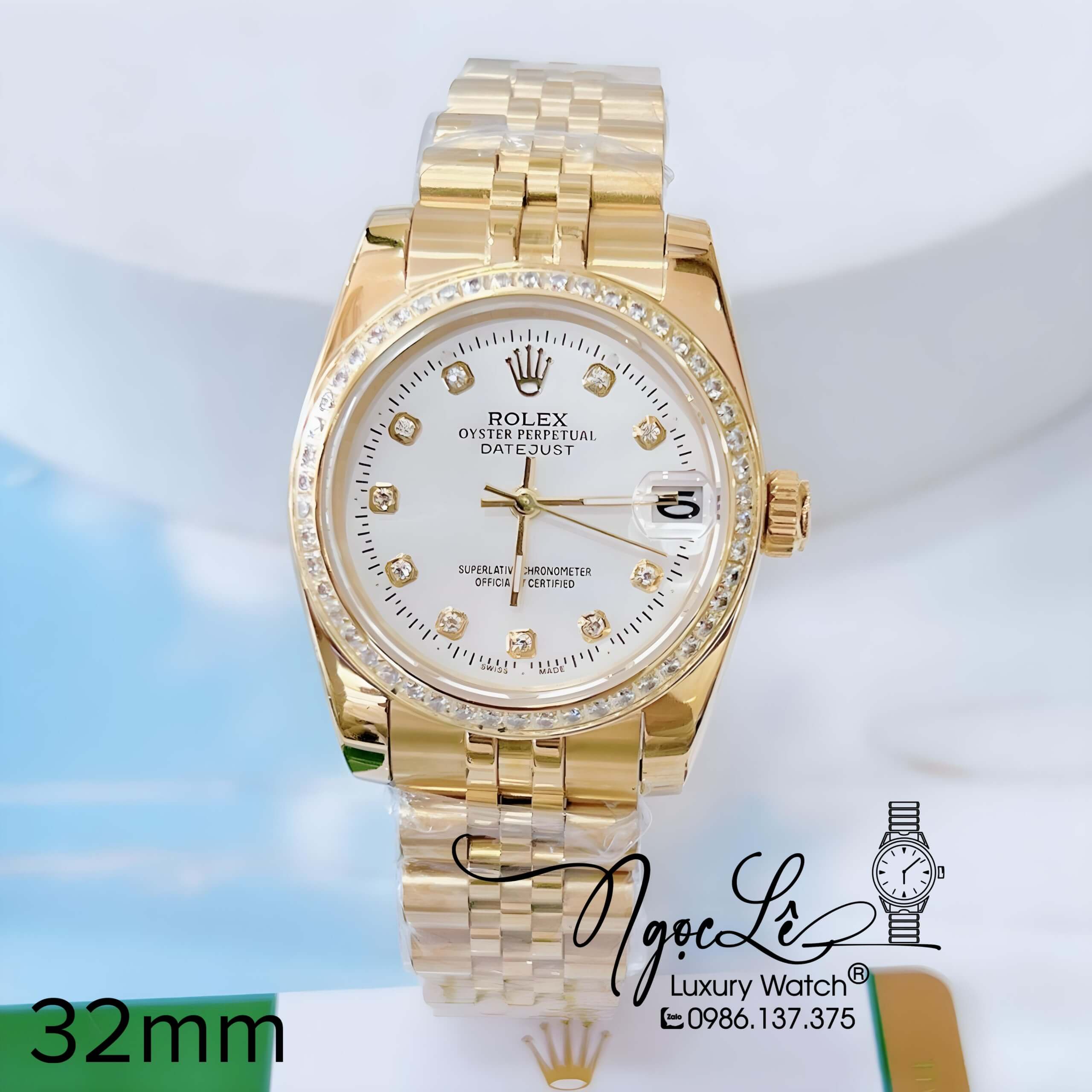 Đồng Hồ Nữ Rolex Datejust Pin Dây Kim Loại Vàng Mặt Trắng Đính Đá Size 32mm