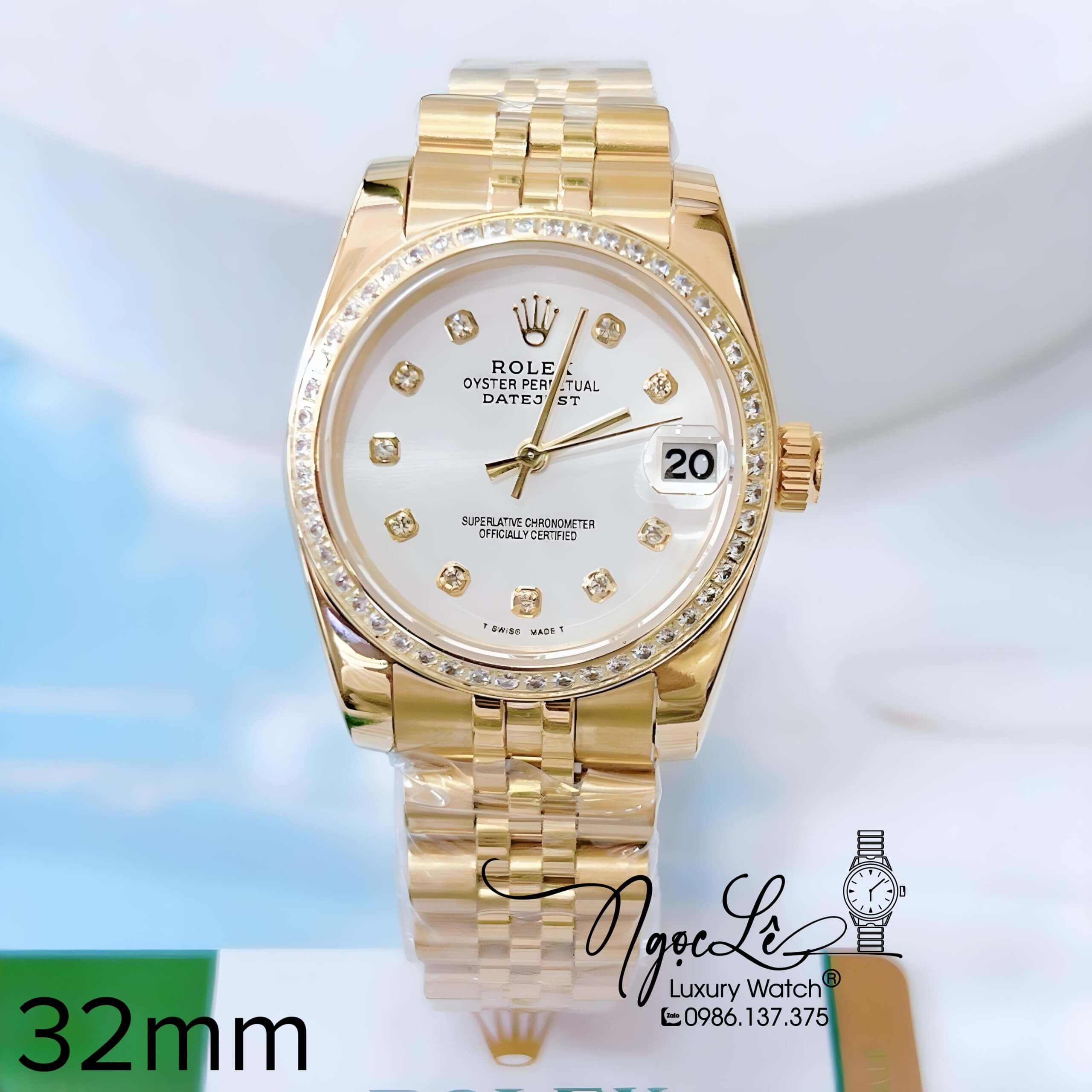 Đồng Hồ Nữ Rolex Datejust Pin Dây Kim Loại Vàng Mặt Trắng Xà Cừ Đính Đá Size 32mm