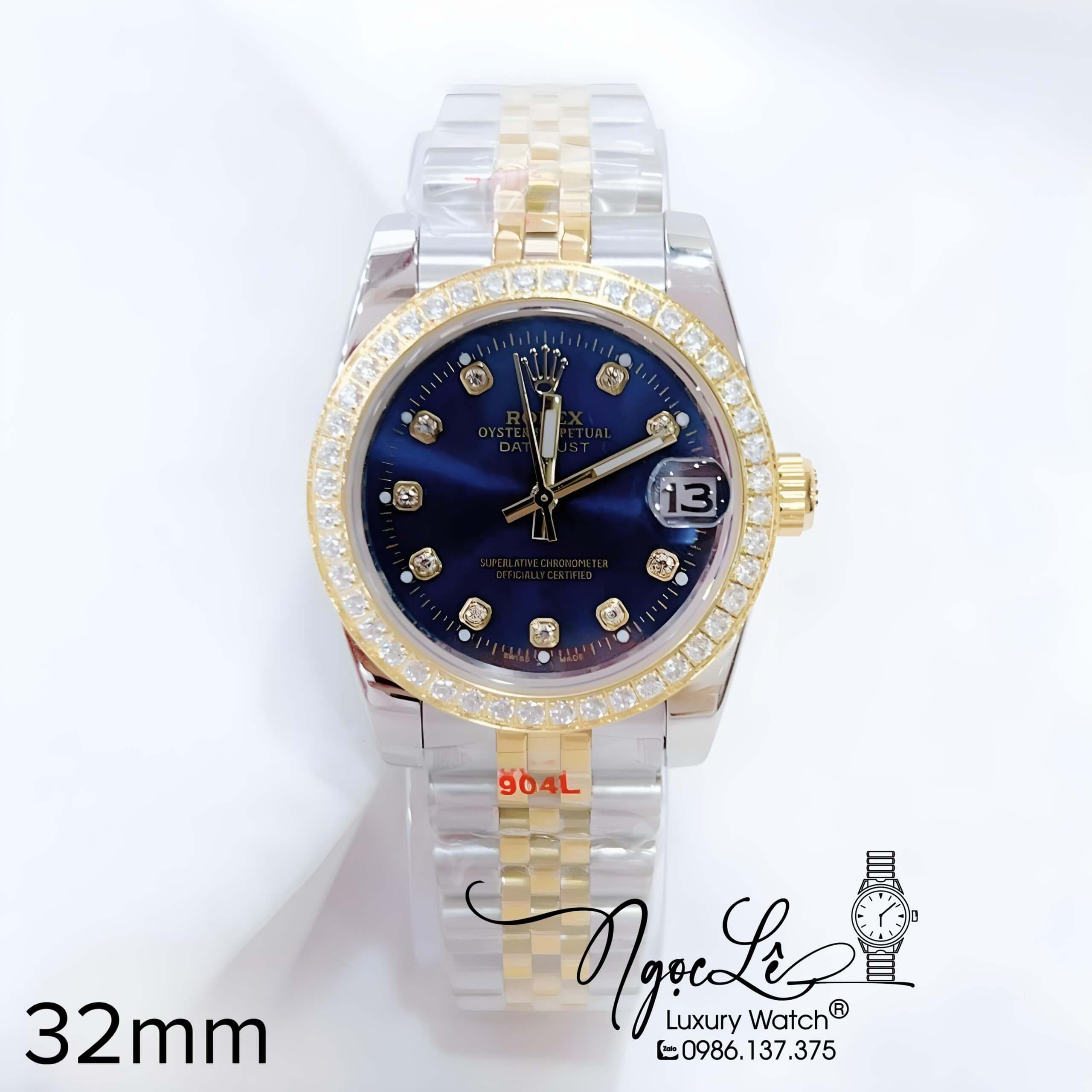 Đồng Hồ Nữ Rolex Datejust Pin Dây Kim Loại Demi Vàng Mặt Xanh Coban Đính Đá Size 32mm