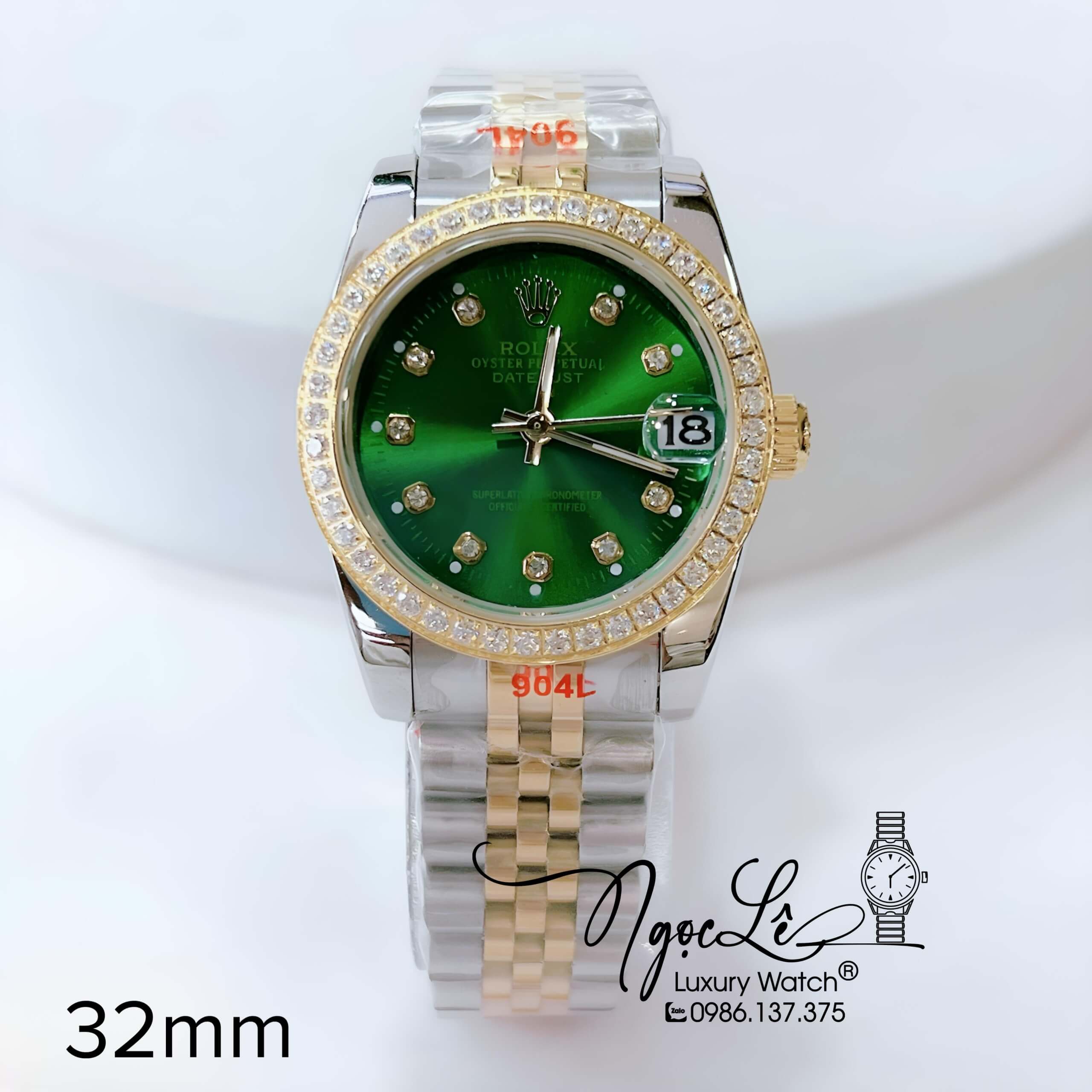 Đồng Hồ Nữ Rolex Datejust Pin Dây Kim Loại Demi Vàng Mặt Xanh Đính Đá Size 32mm