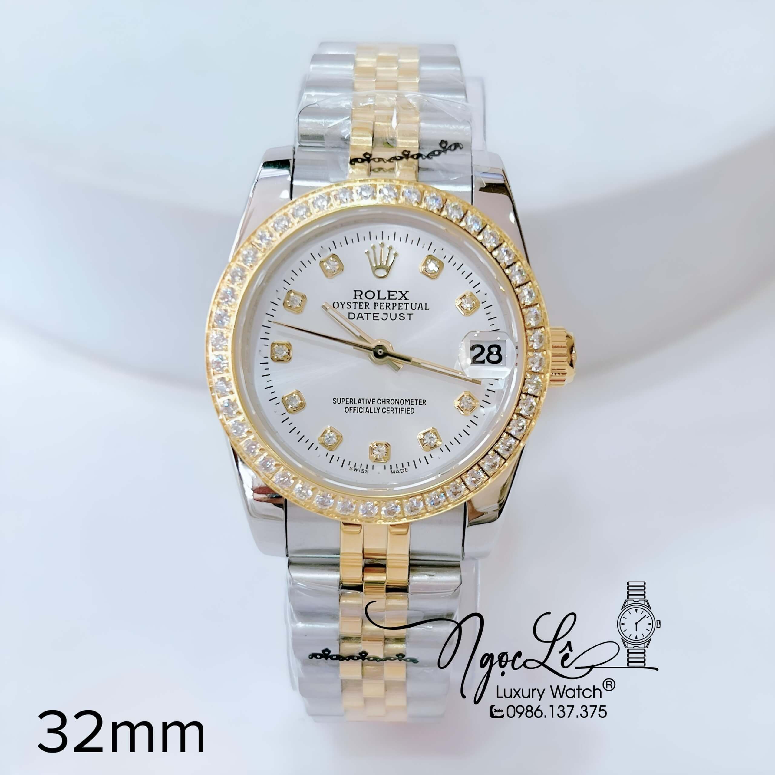 Đồng Hồ Nữ Rolex Datejust Pin Dây Kim Loại Demi Vàng Mặt Trắng Đính Đá Size 32mm