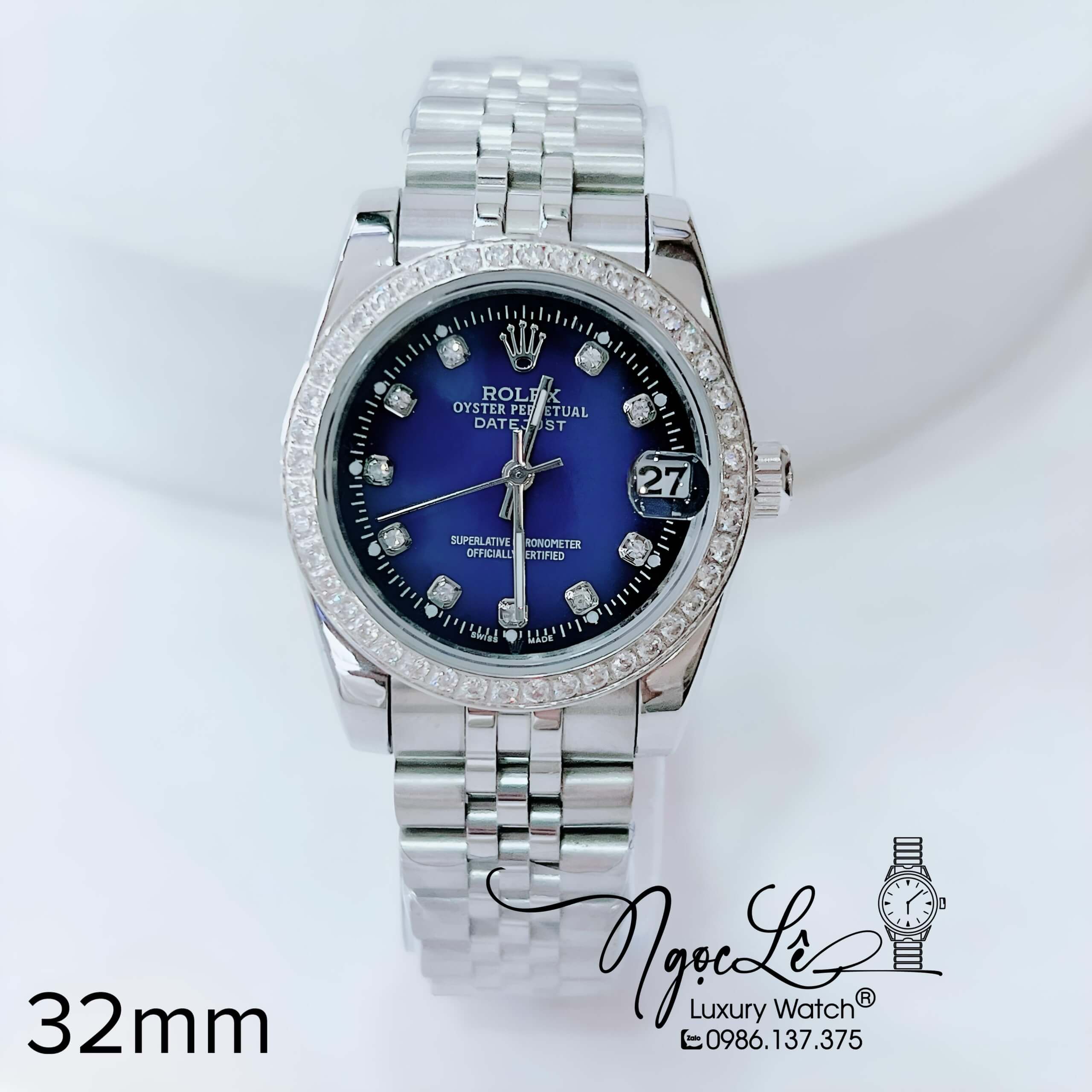 Đồng Hồ Nữ Rolex Datejust Pin Dây Kim Loại Bạc Mặt Xanh Đậm Đính Đá Size 32mm