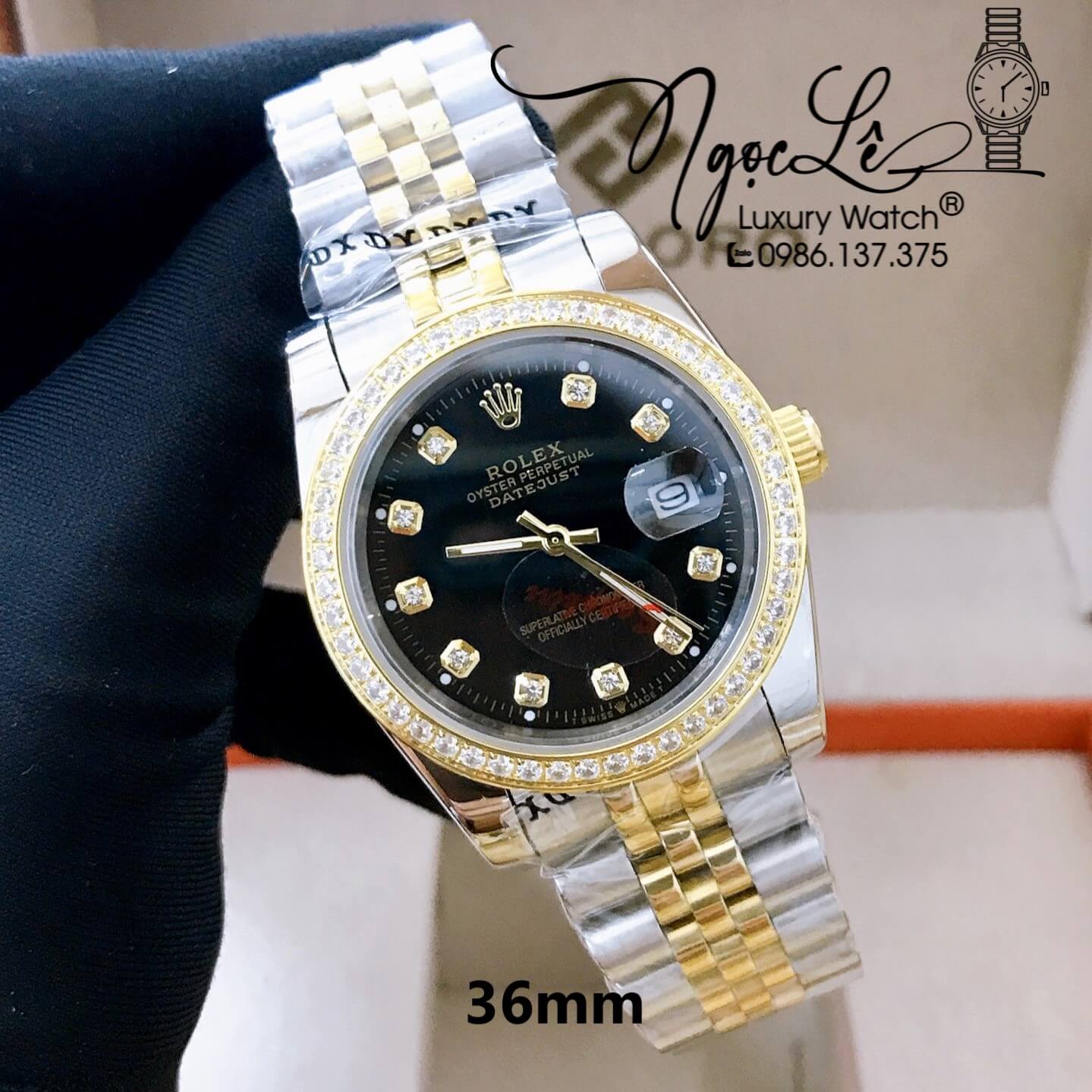 Đồng Hồ Cặp Rolex Datejust Pin Dây Kim Loại Demi Vàng Mặt Đen Đính Đá 36mm - 31mm