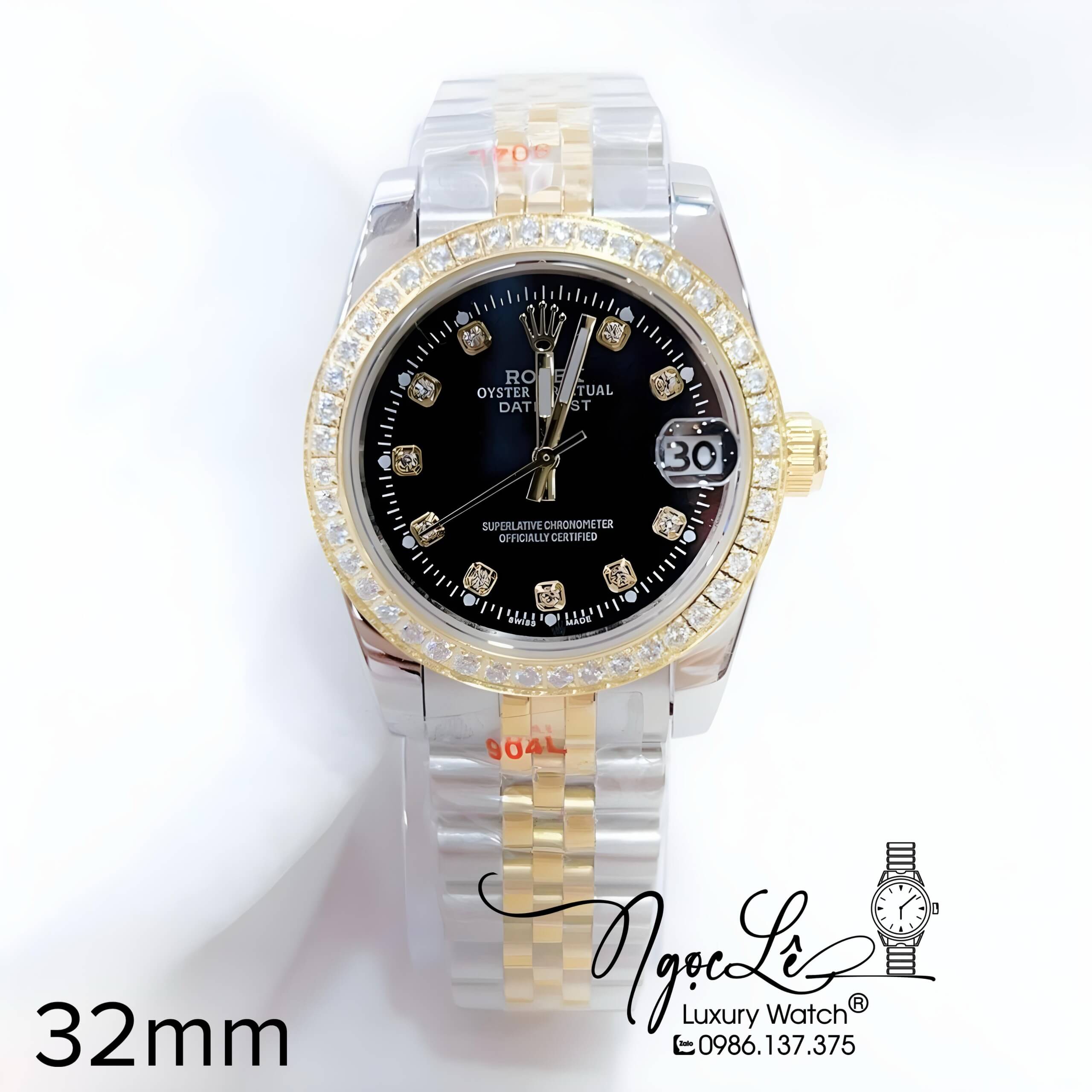 Đồng Hồ Nữ Rolex Datejust Pin Dây Kim Loại Demi Vàng Mặt Đen Đính Đá Size 32mm